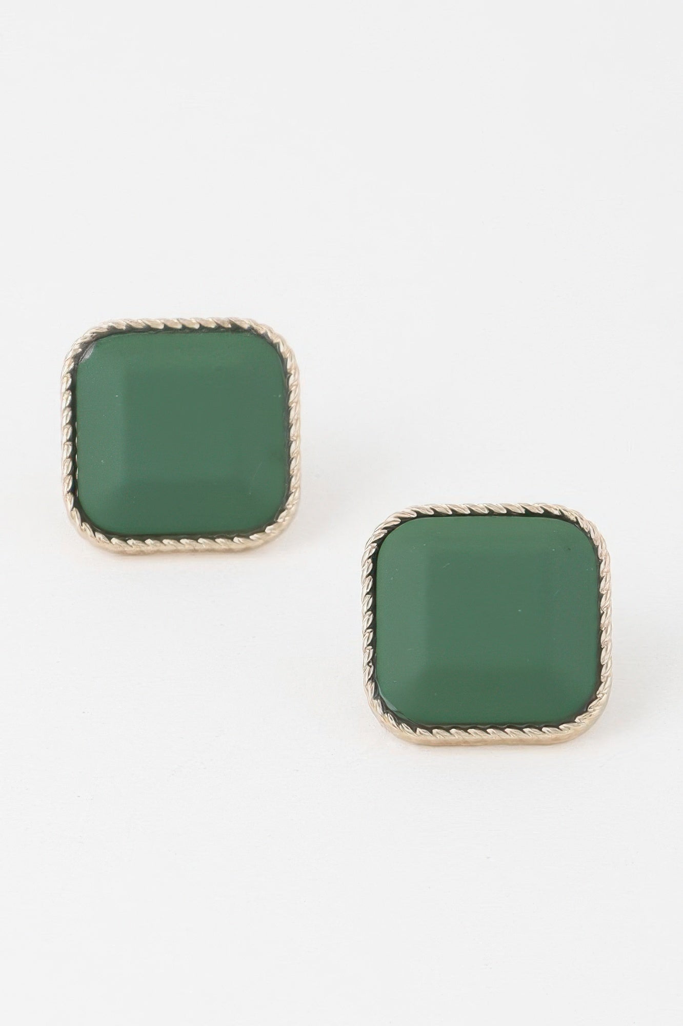 Antique Twisted Cubic Earrings—gold frame with dark green square stones pair