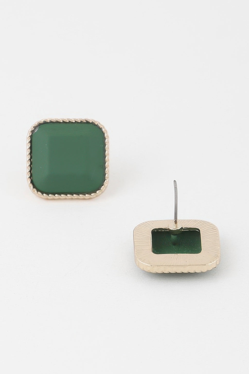 Antique Twisted Cubic Earrings—green square stone with gold twisted edge, stud back