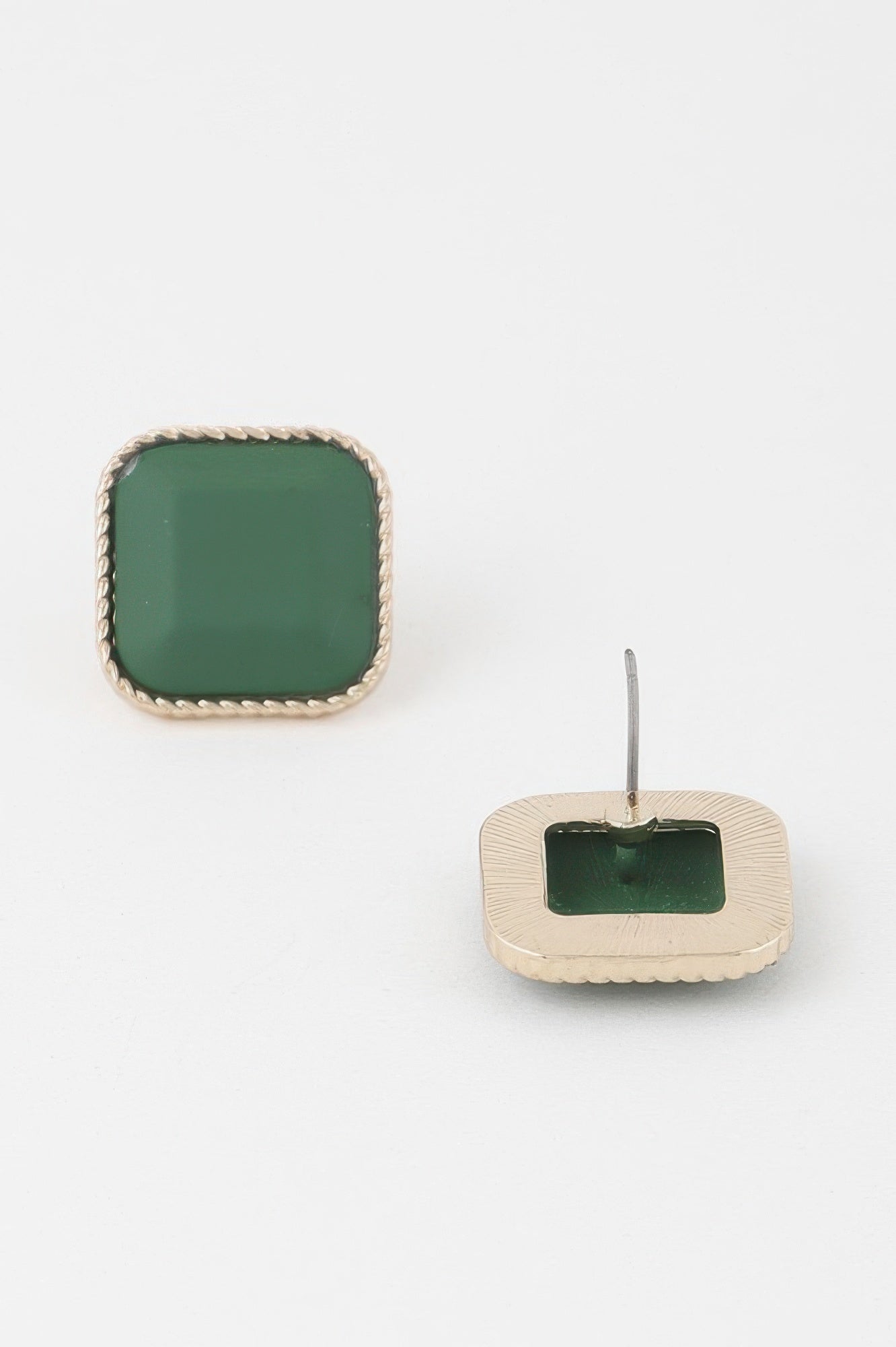 Antique Twisted Cubic Earrings—green square stone with gold twisted edge, stud back