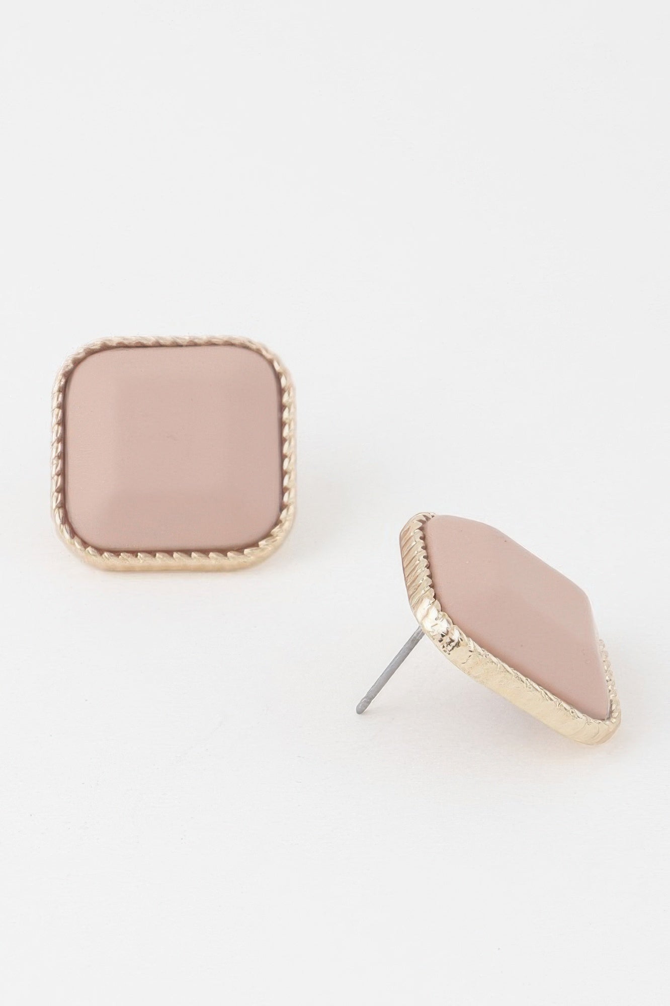 Antique Twisted Cubic Earrings—gold frame with nude pink square stones pair