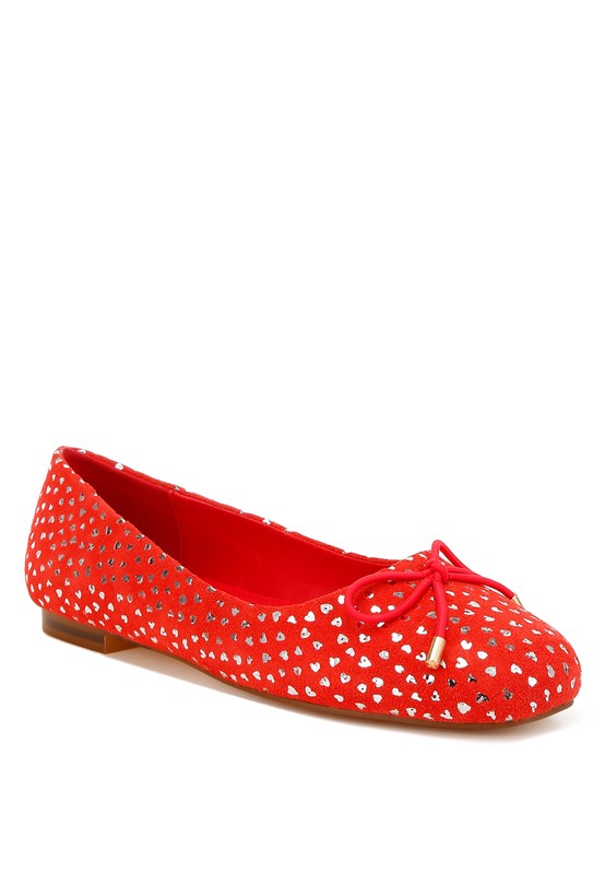 Red suede ballerina flats with foil speckle print and bow tie at the vamp