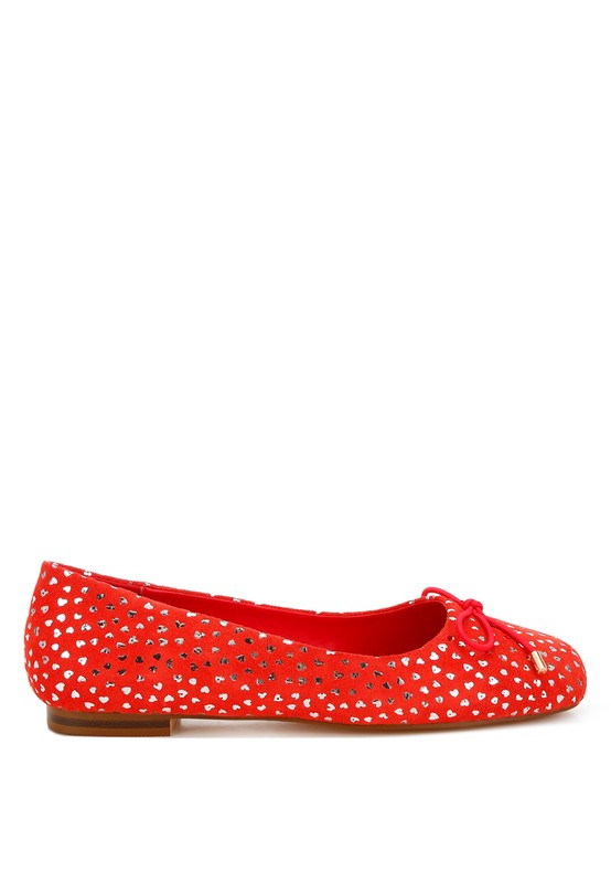Red suede ballerina flats, rounded toe with bow detail and foil speckle print