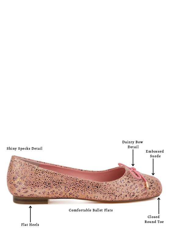 Pink suede ballerina flats: round closed toe, flat heels, bow detail, shiny specs