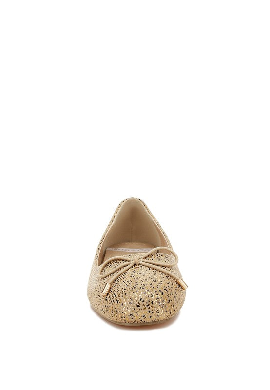 Gold foil suede ballerina flats with round toe and tied bow