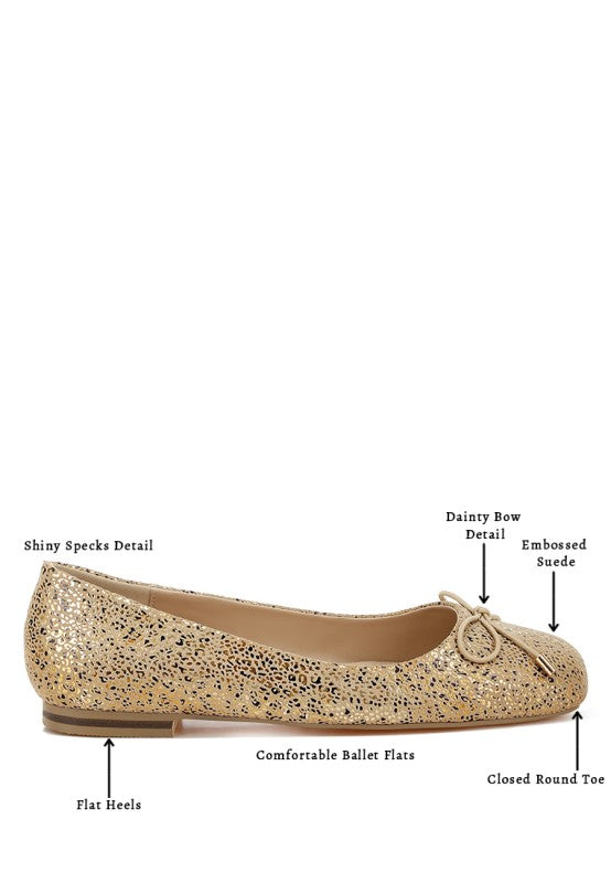 Gold suede ballet flats with embossed bow, foil speckle print, flat heel