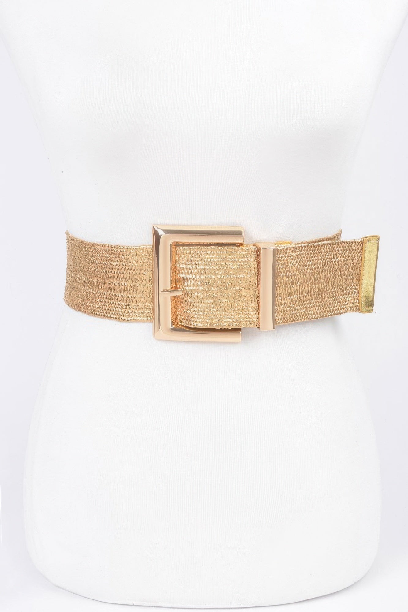 Gold belt with wide shimmer band and rectangular metal buckle