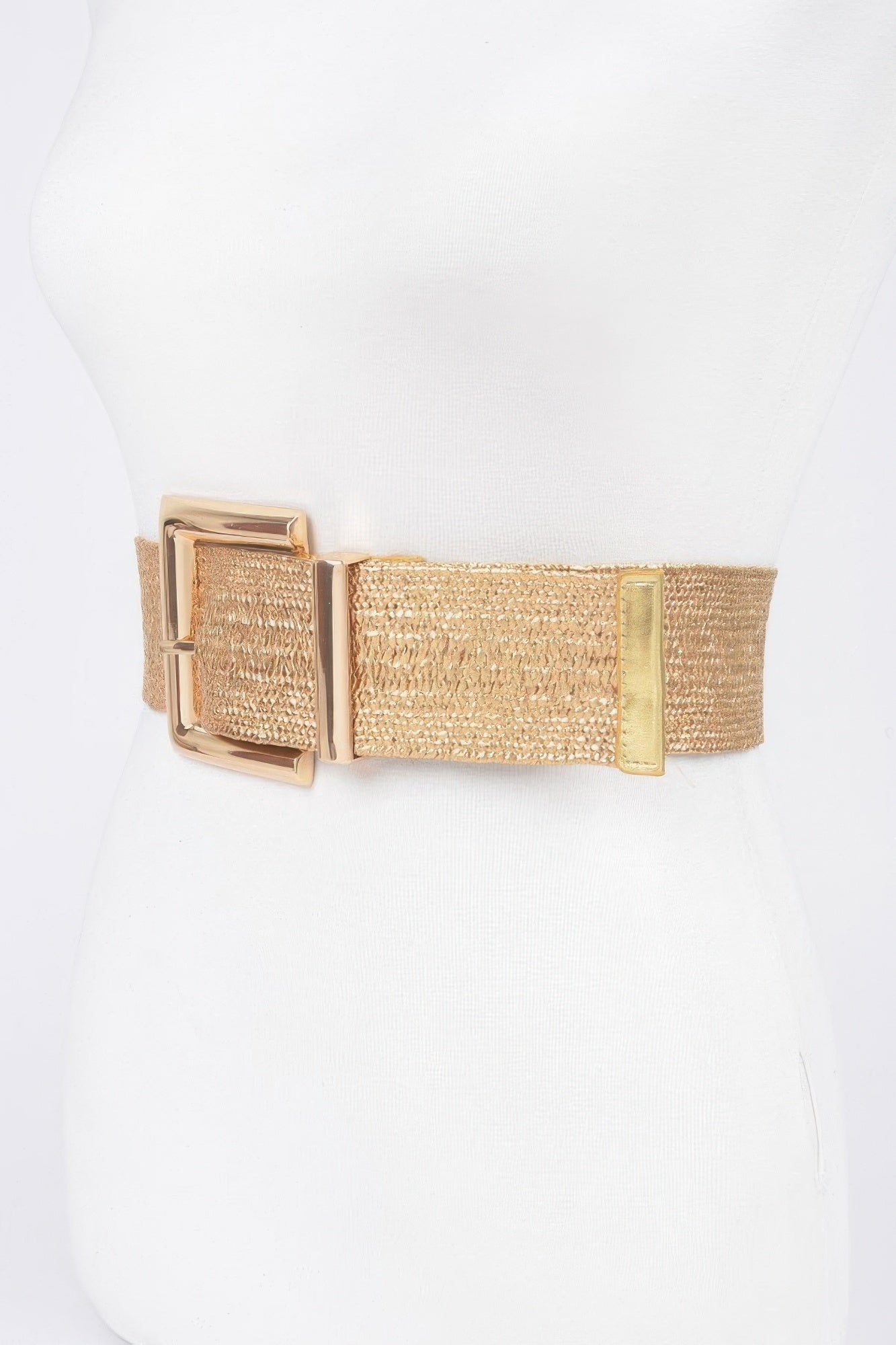 Gold shimmer belt with rectangular buckle and textured strap band