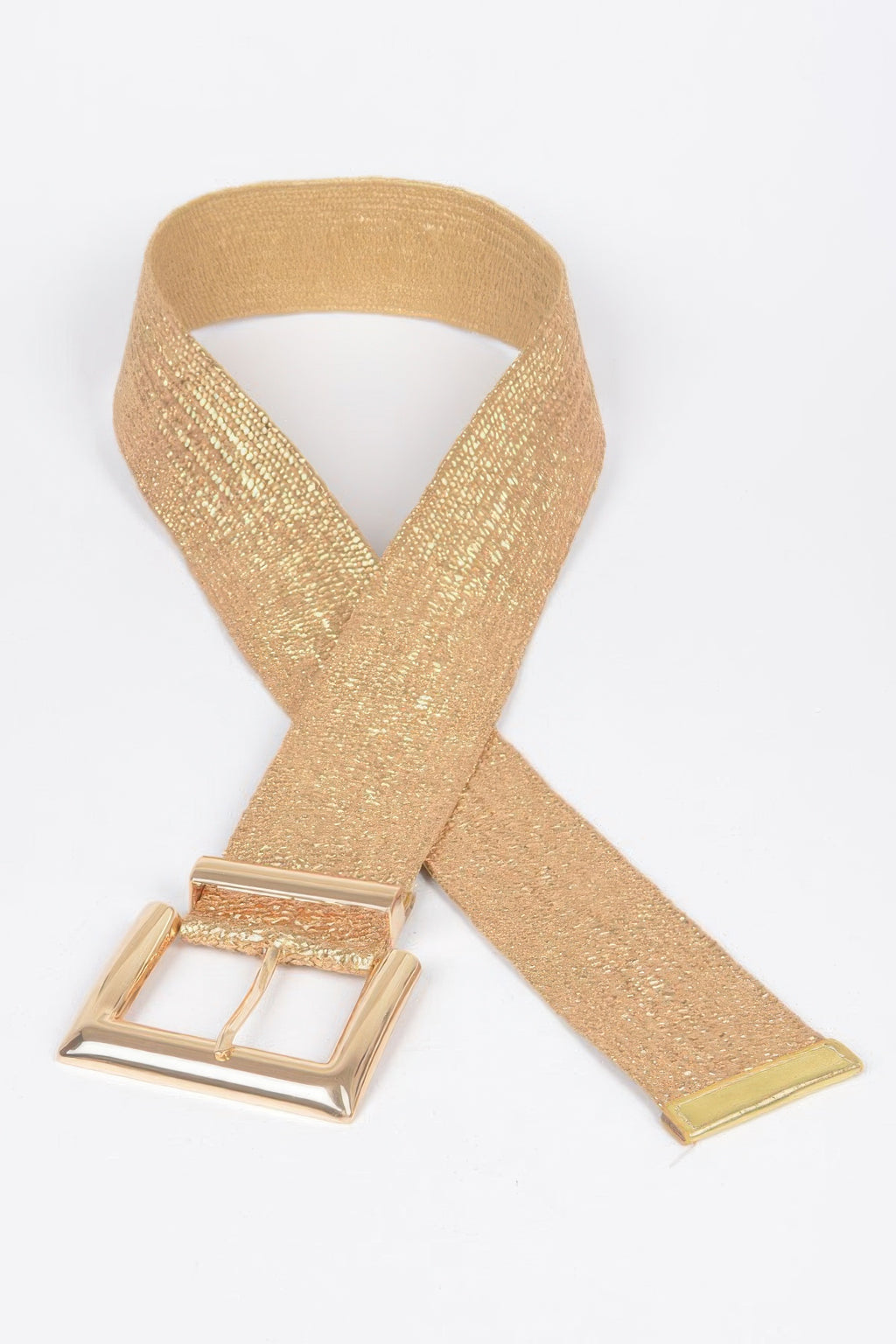 Gold shimmer belt with rectangular buckle and long strap tail