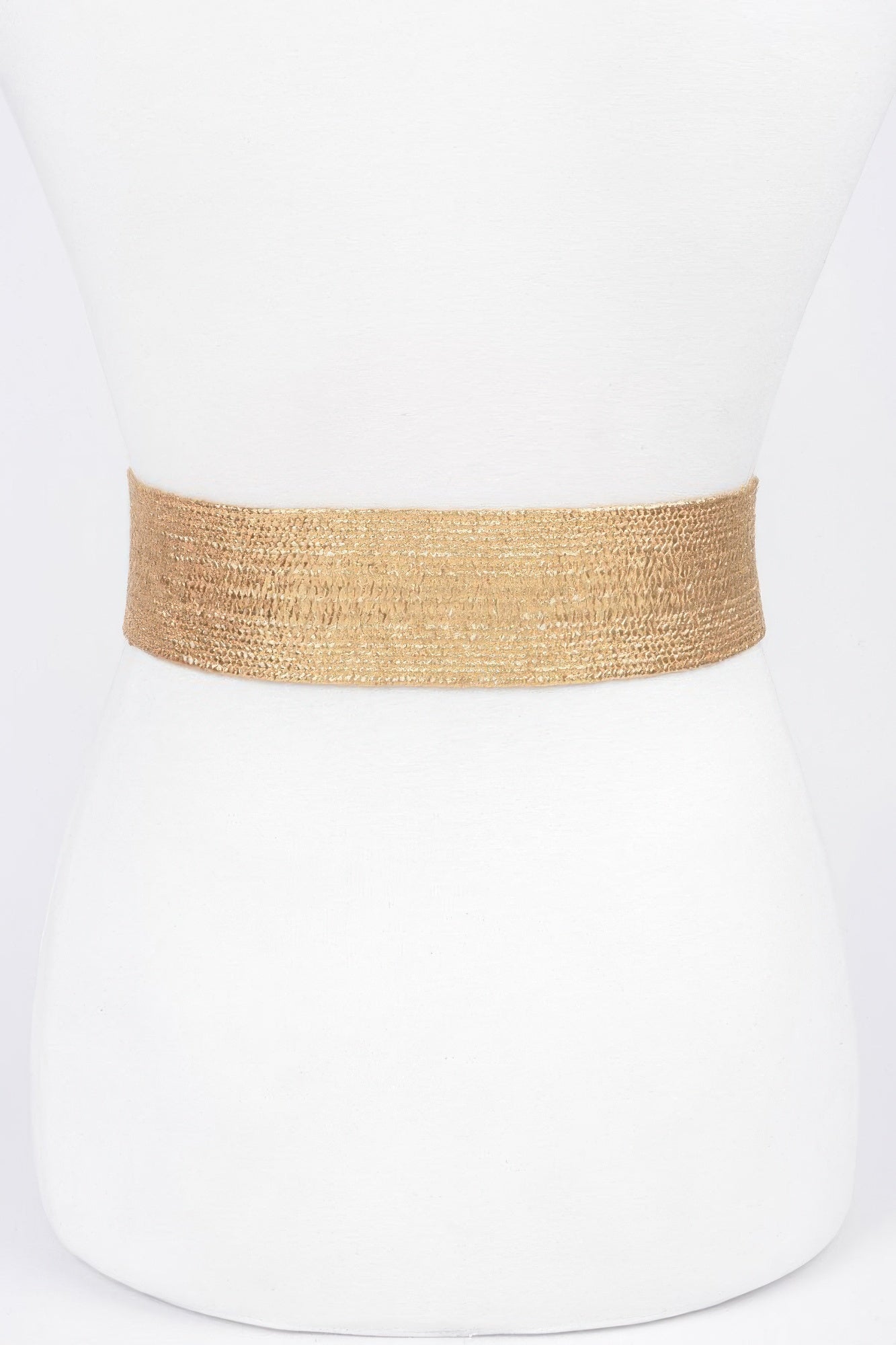 Wide gold shimmer belt band without buckle visible