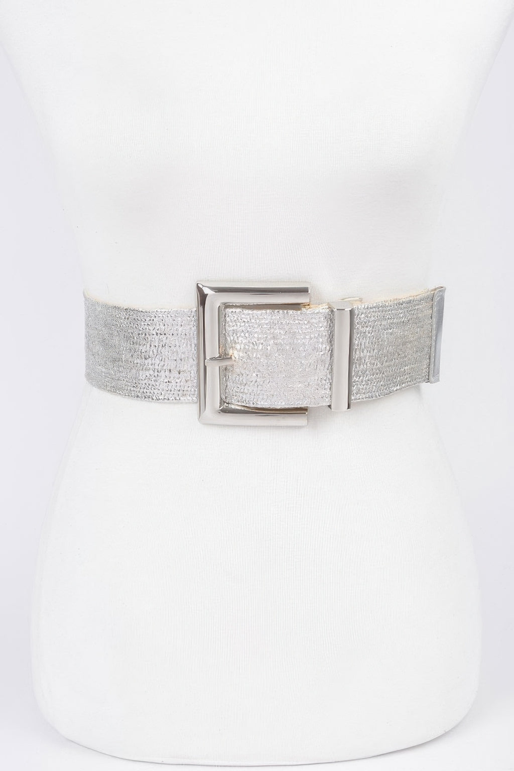 Silver belt with wide shimmer band and rectangular metal buckle