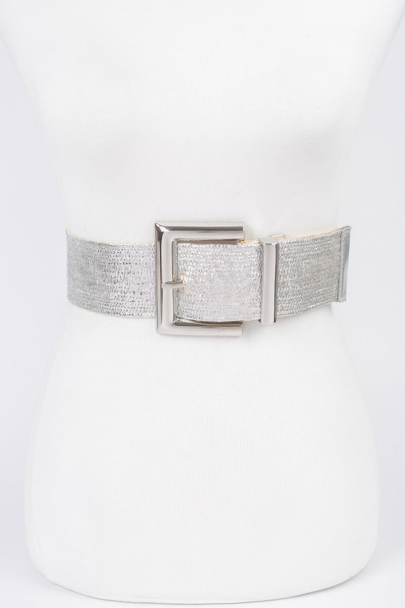 Silver belt with wide shimmer band and rectangular metal buckle
