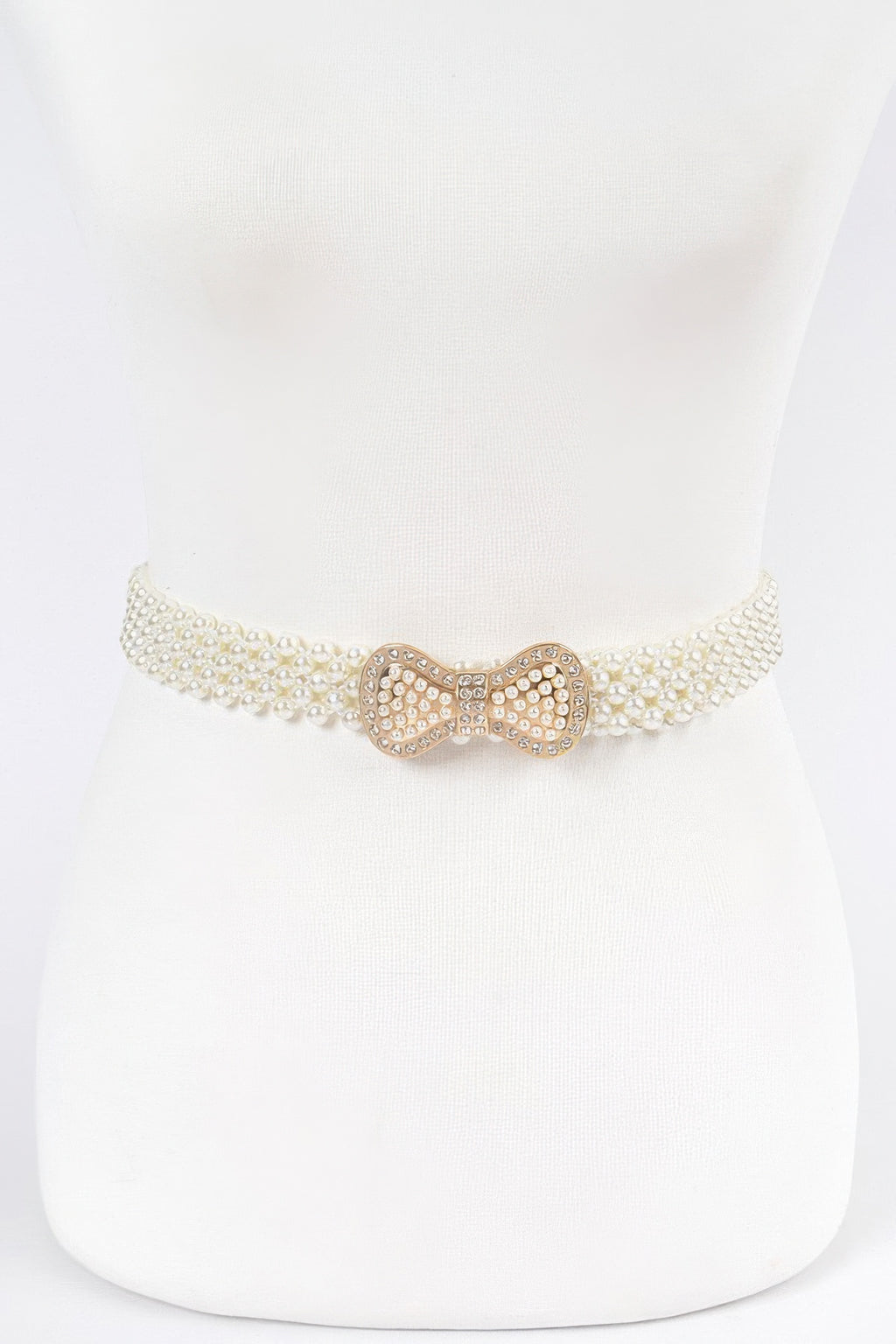 Ivory elastic pearl waist belt with bow ribbon buckle, rhinestone embellishments