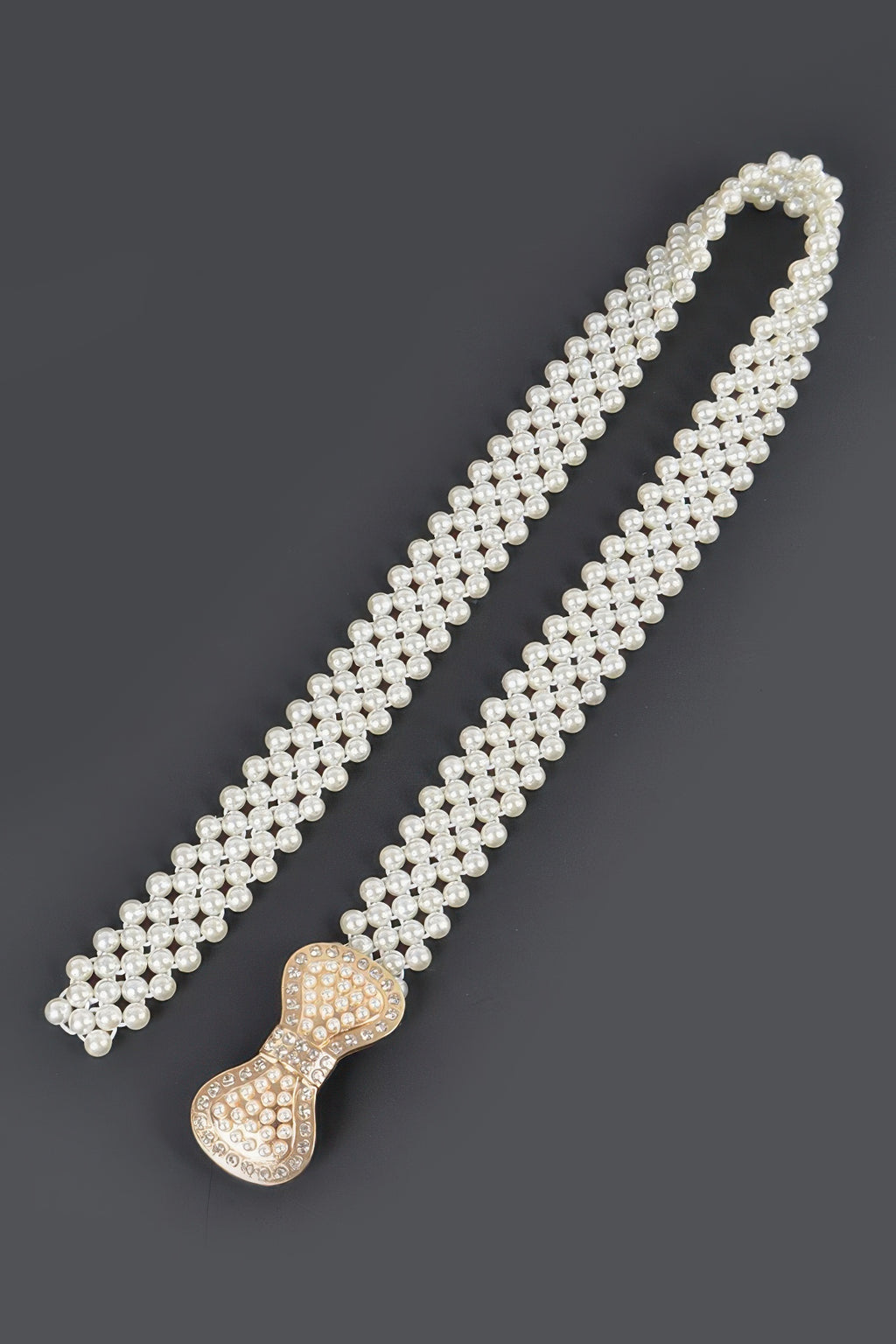 Ivory pearl elastic belt with rhinestone bow-shaped buckle, two beaded rows