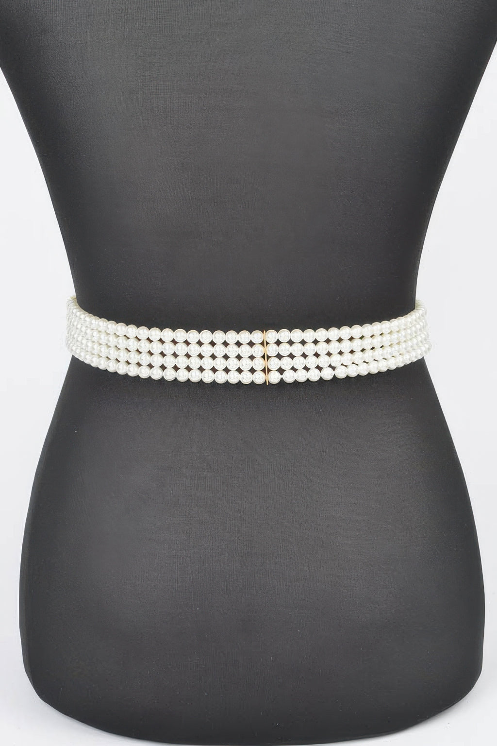 Cream faux pearl elastic belt with minimal center clasp and pearl bead stretch band