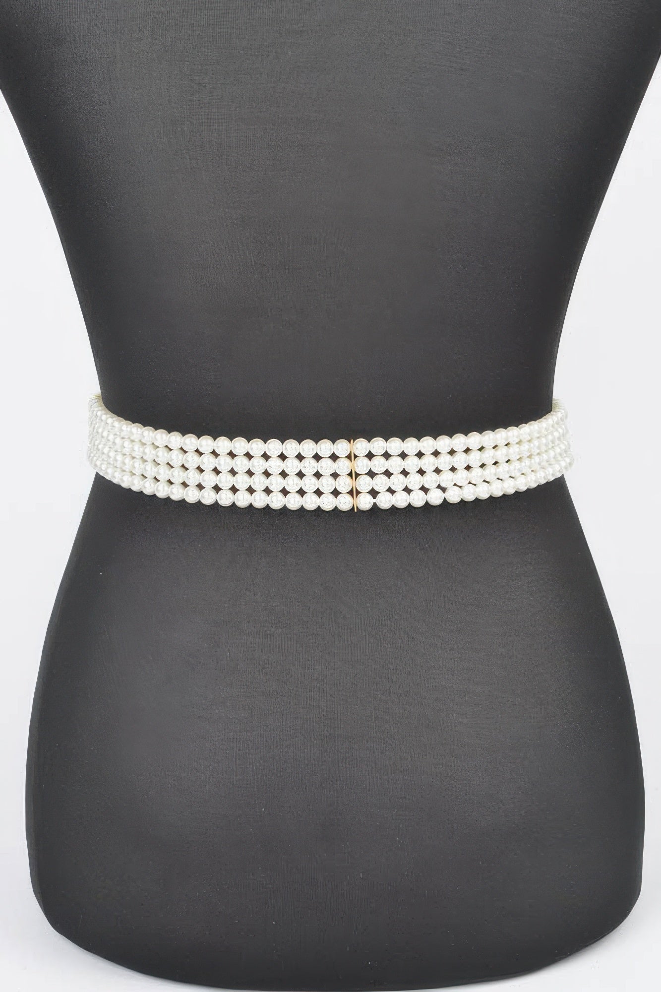 Cream faux pearl elastic belt with minimal center clasp and pearl bead stretch band