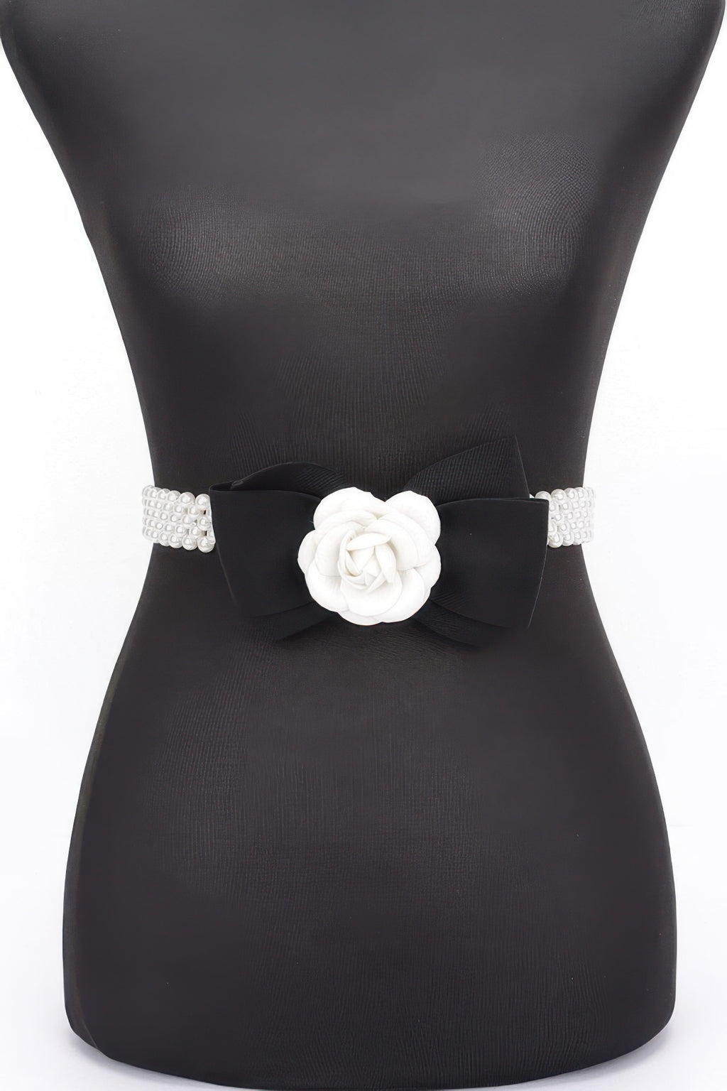 Black faux pearl stretch belt with black ribbon bow and white flower