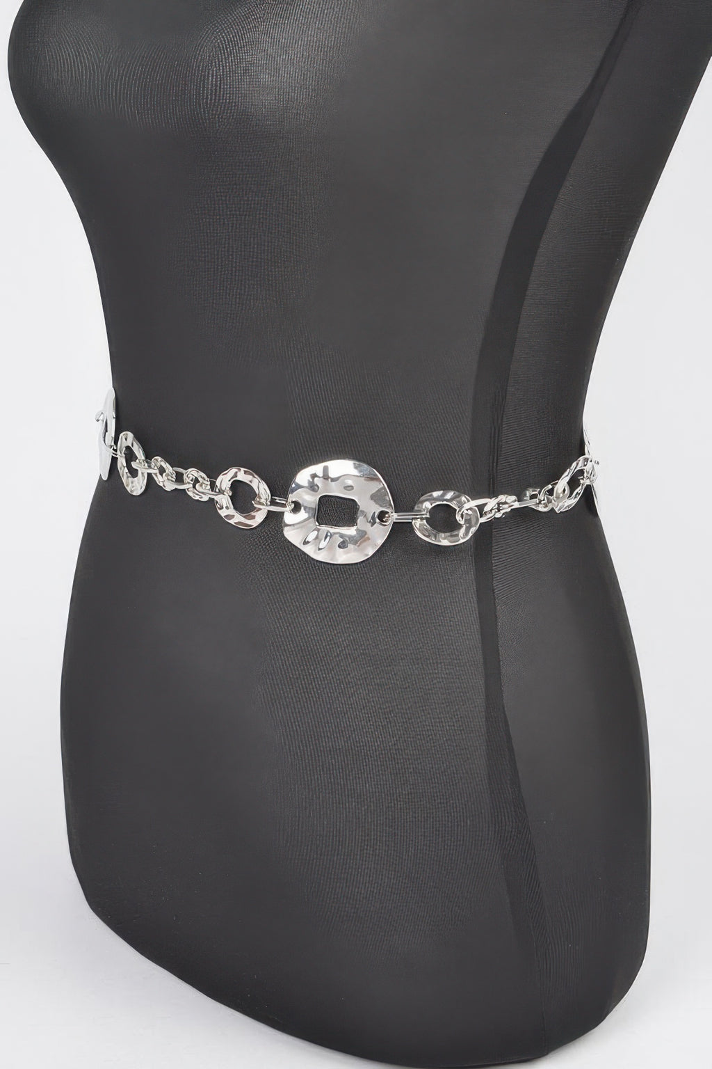 Hammered metal chain belt, silver-toned oval links with black square insets
