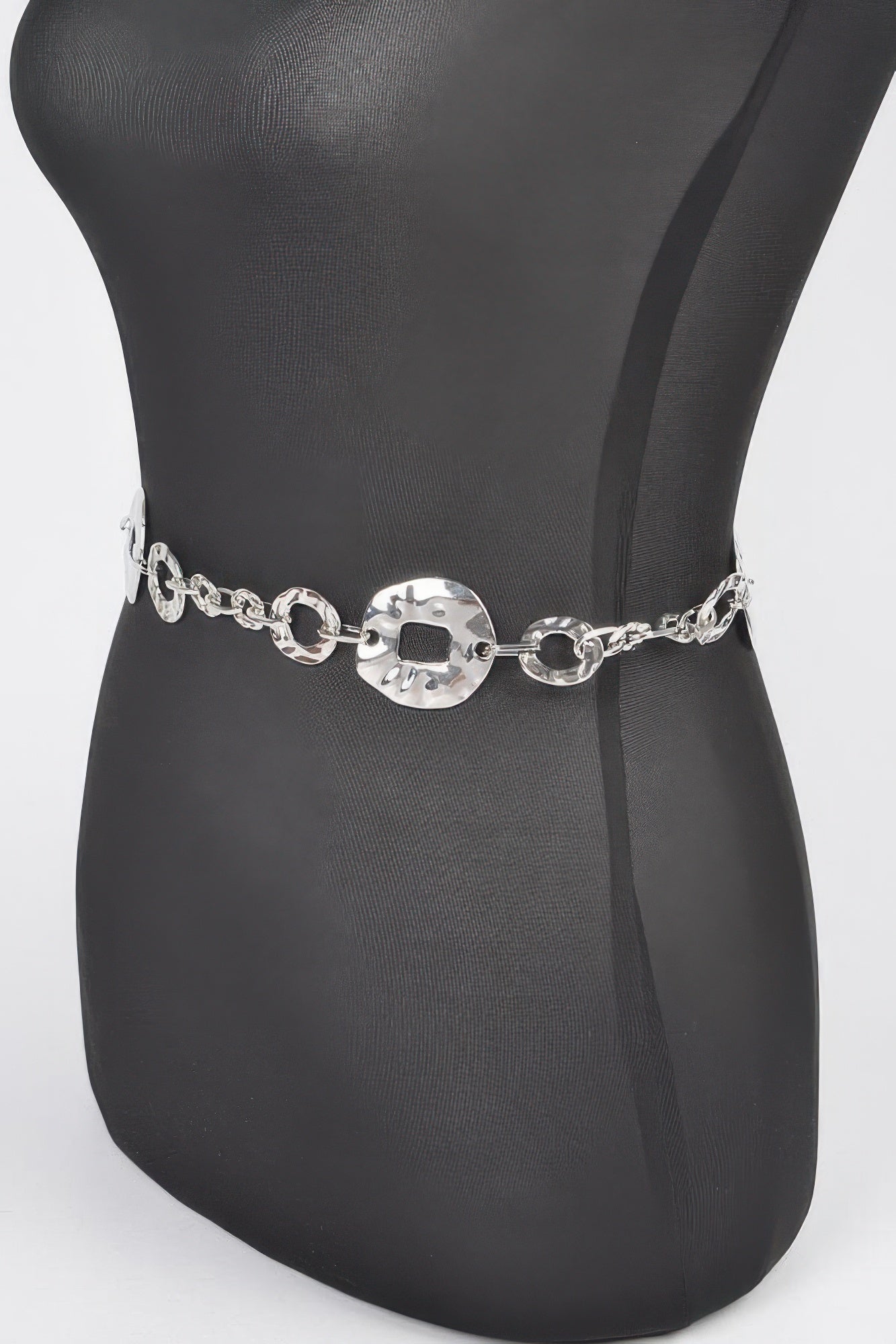 Hammered metal chain belt, silver-toned oval links with black square insets