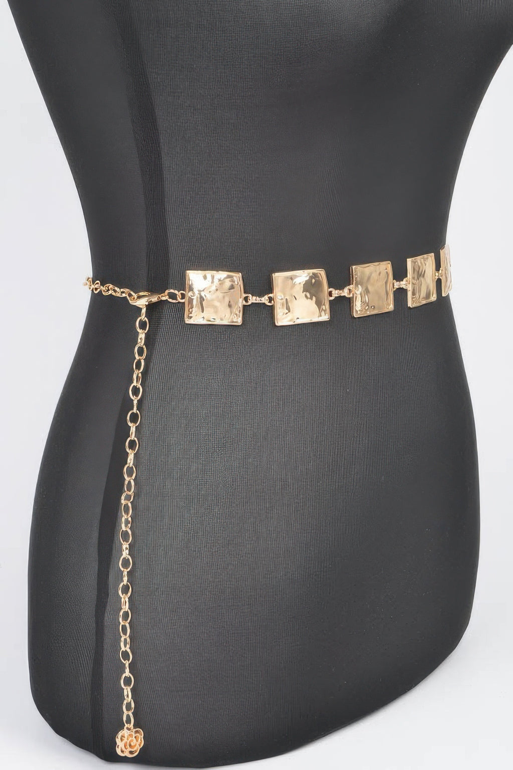 Gold hammered square chain belt with long extender chain and square center links