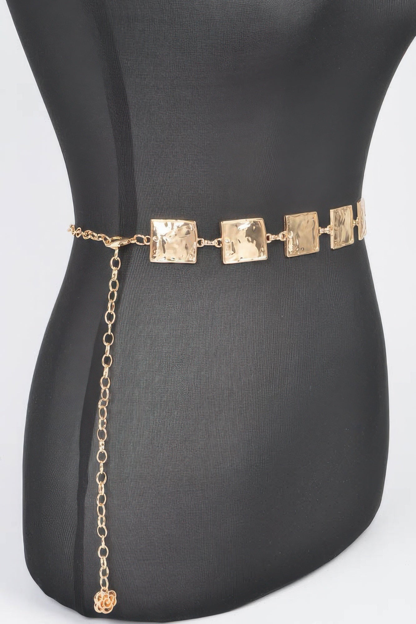 Gold hammered square chain belt with long extender chain and square center links