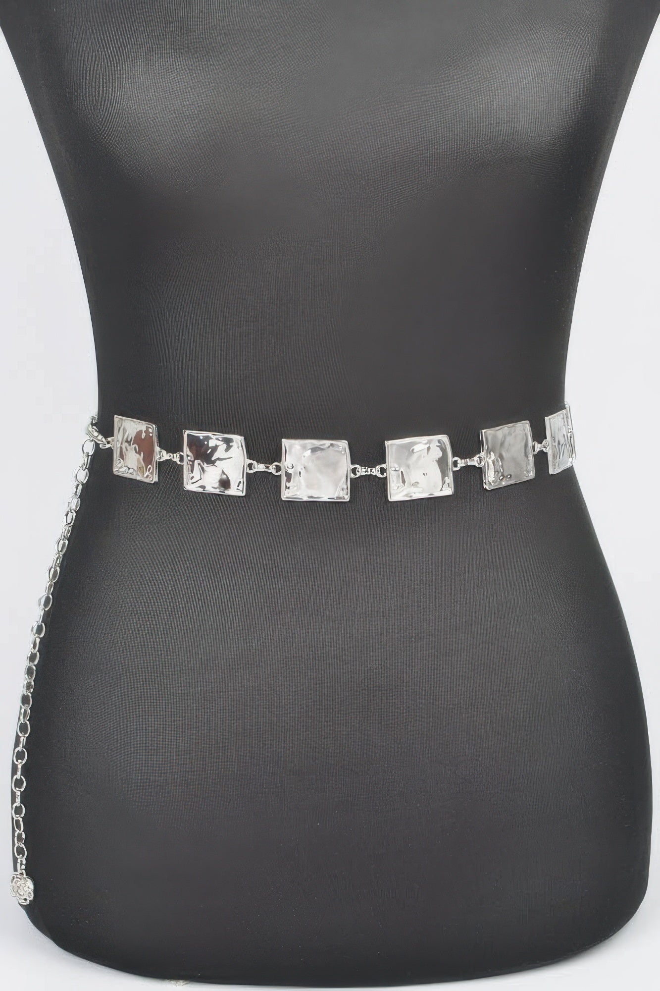 Silver hammered square chain belt with rectangular link segments and side extender chain