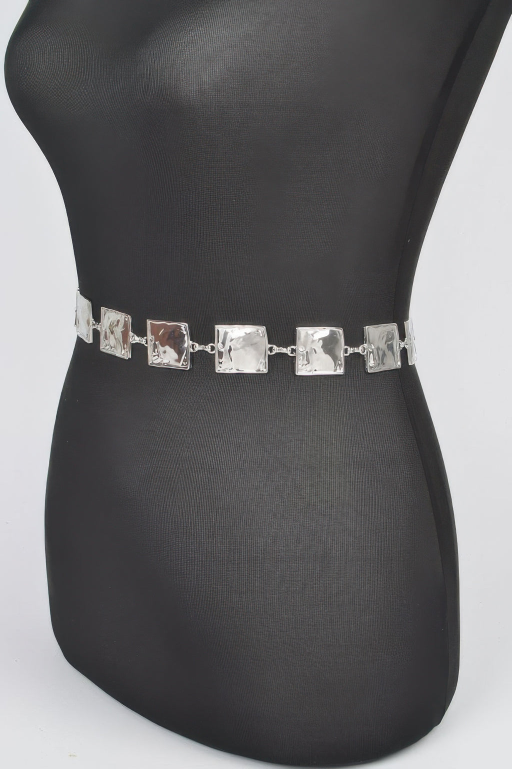Hammered square chain belt with silver-toned square links and extender chain
