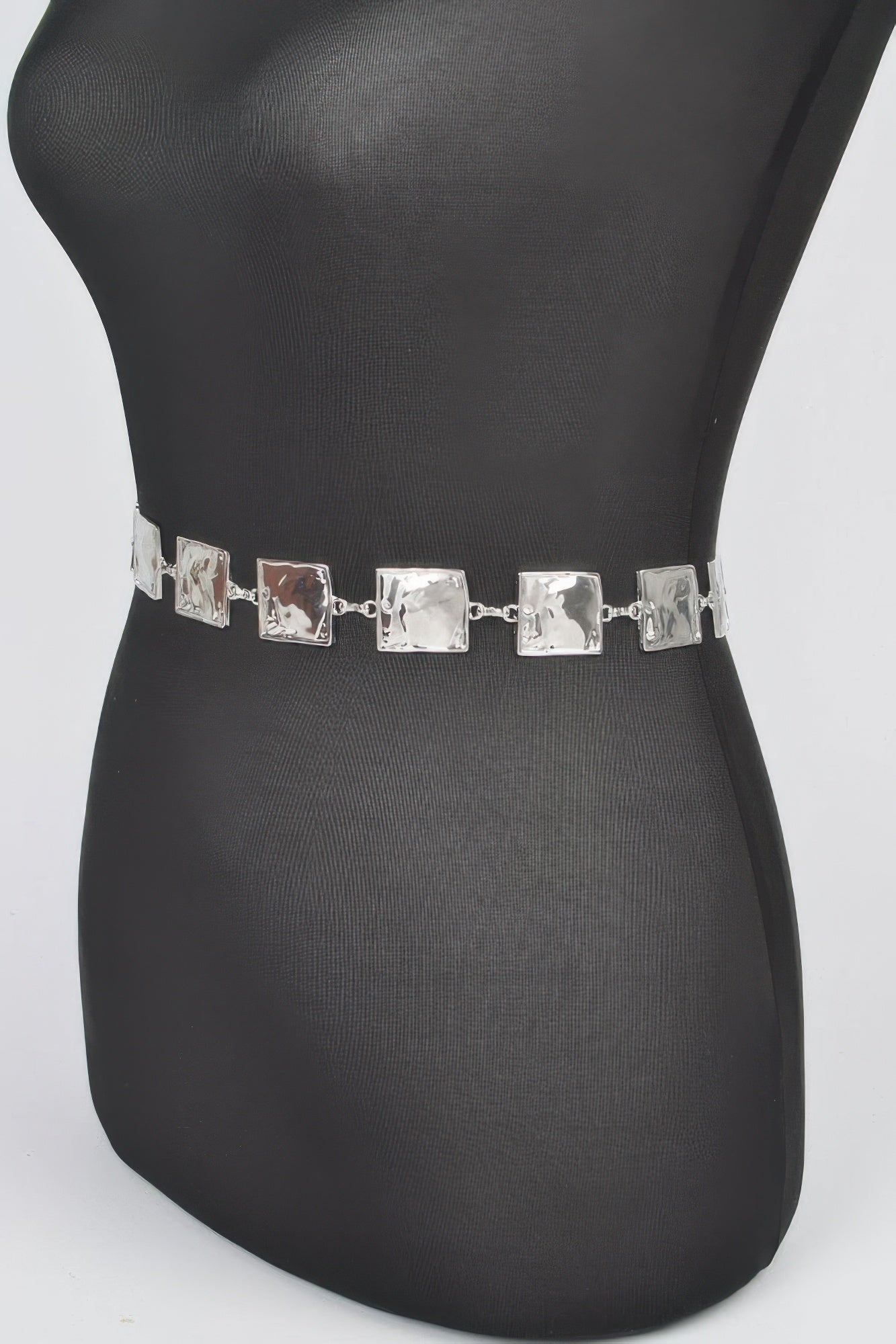 Hammered square chain belt with silver-toned square links and extender chain