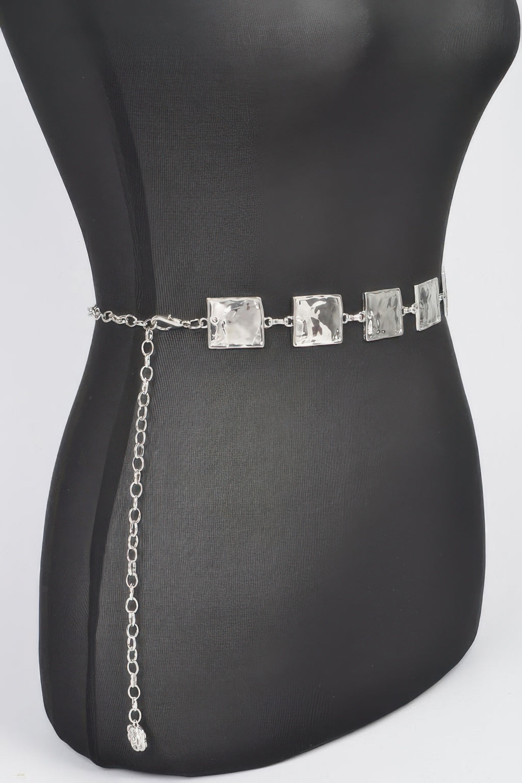 Silver hammered square chain belt with dangling extender and linked square panels