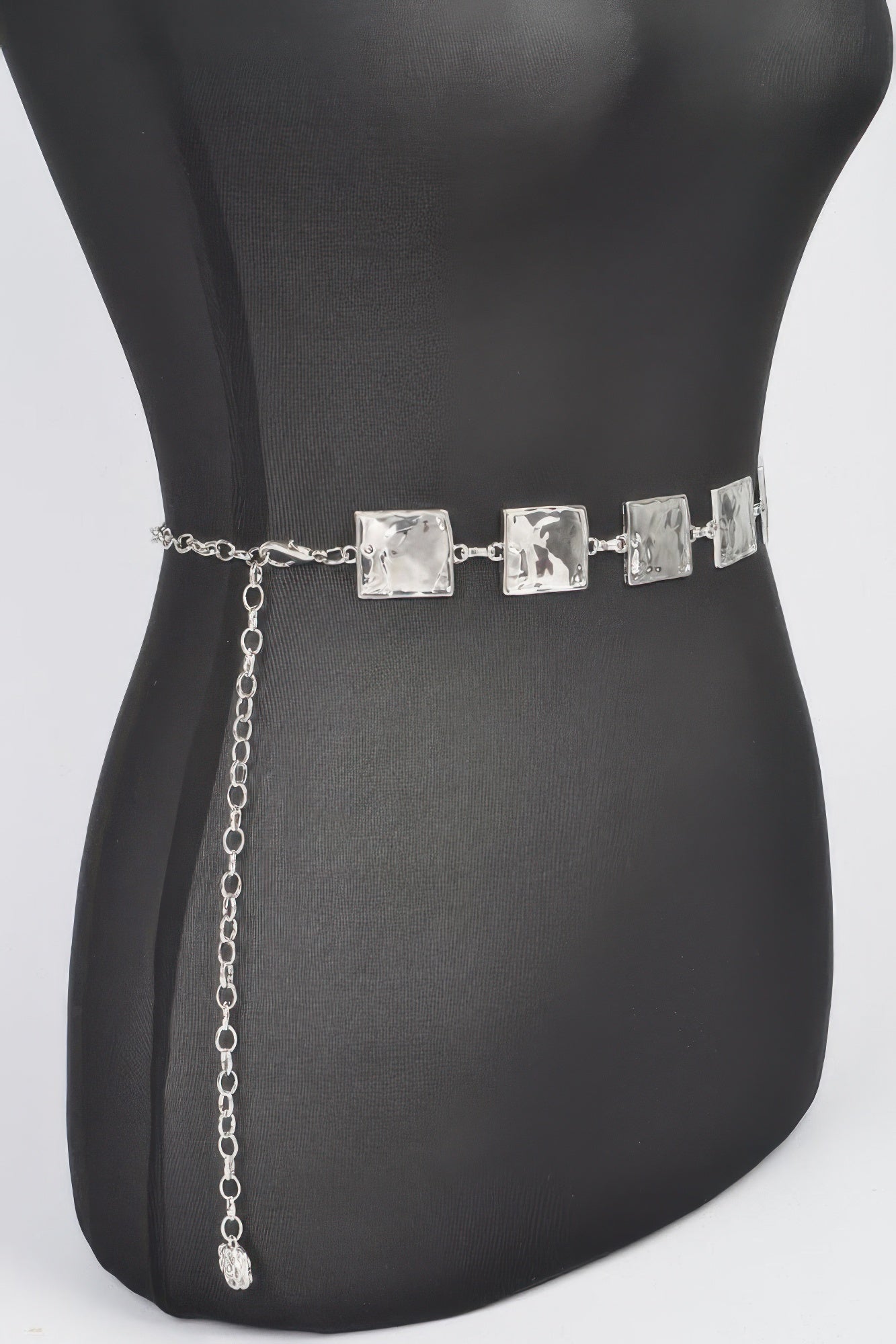 Silver hammered square chain belt with dangling extender and linked square panels