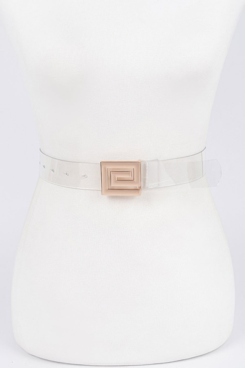 Metal buckle vegan belt with clear strap and gold-tone square buckle on torso
