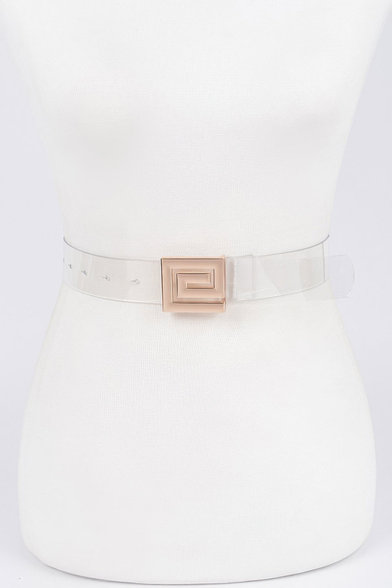 Metal buckle vegan belt with clear strap and gold-tone square buckle on torso