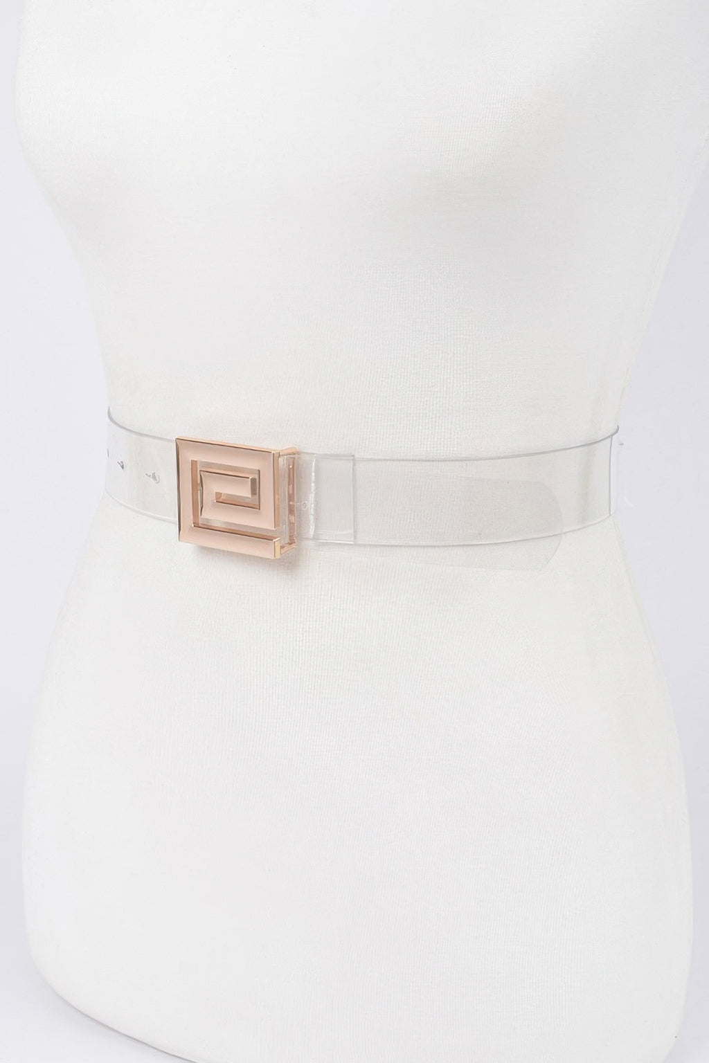 Metal buckle vegan belt, clear strap with gold-tone buckle, side view