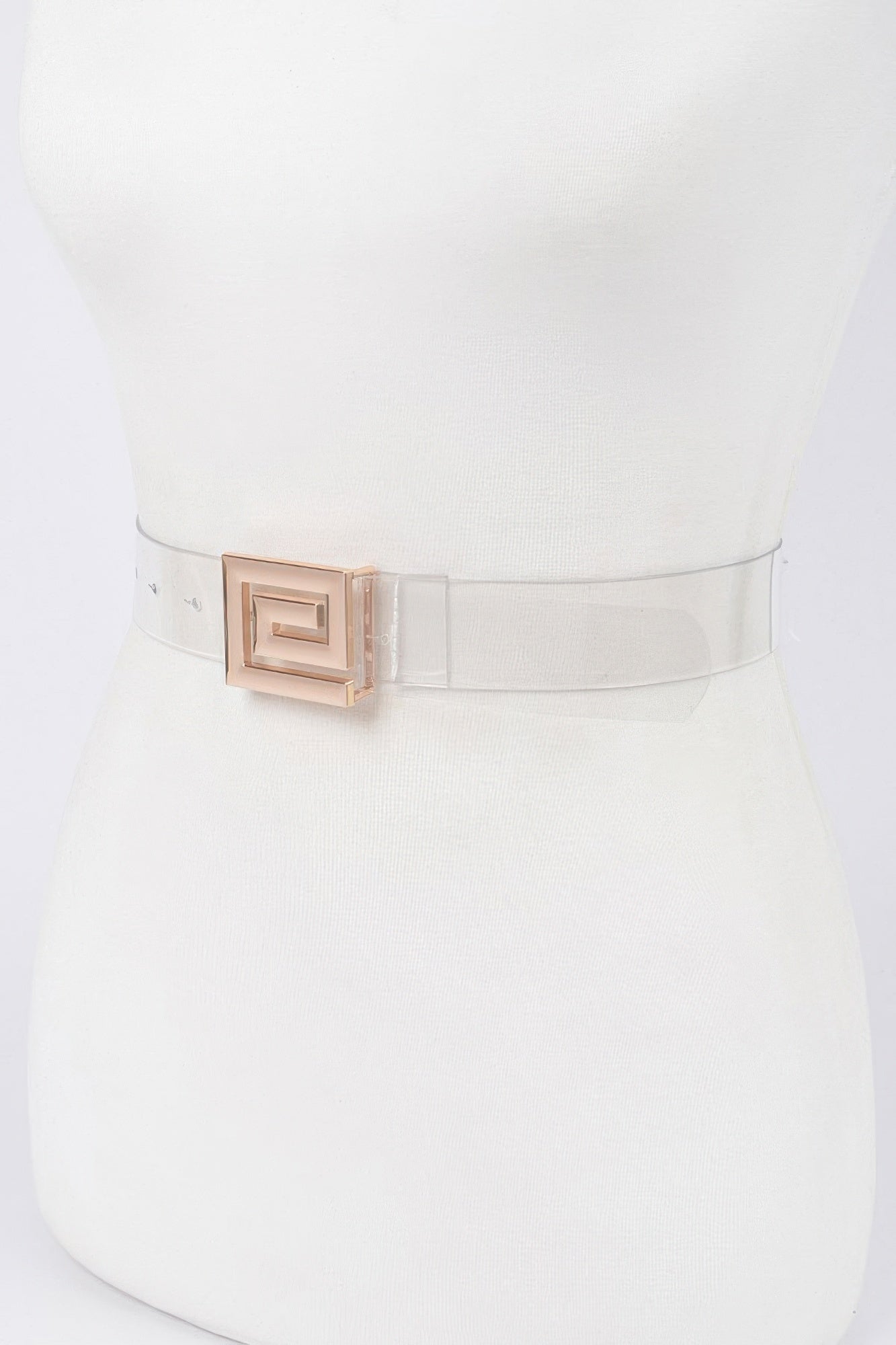 Metal buckle vegan belt, clear strap with gold-tone buckle, side view