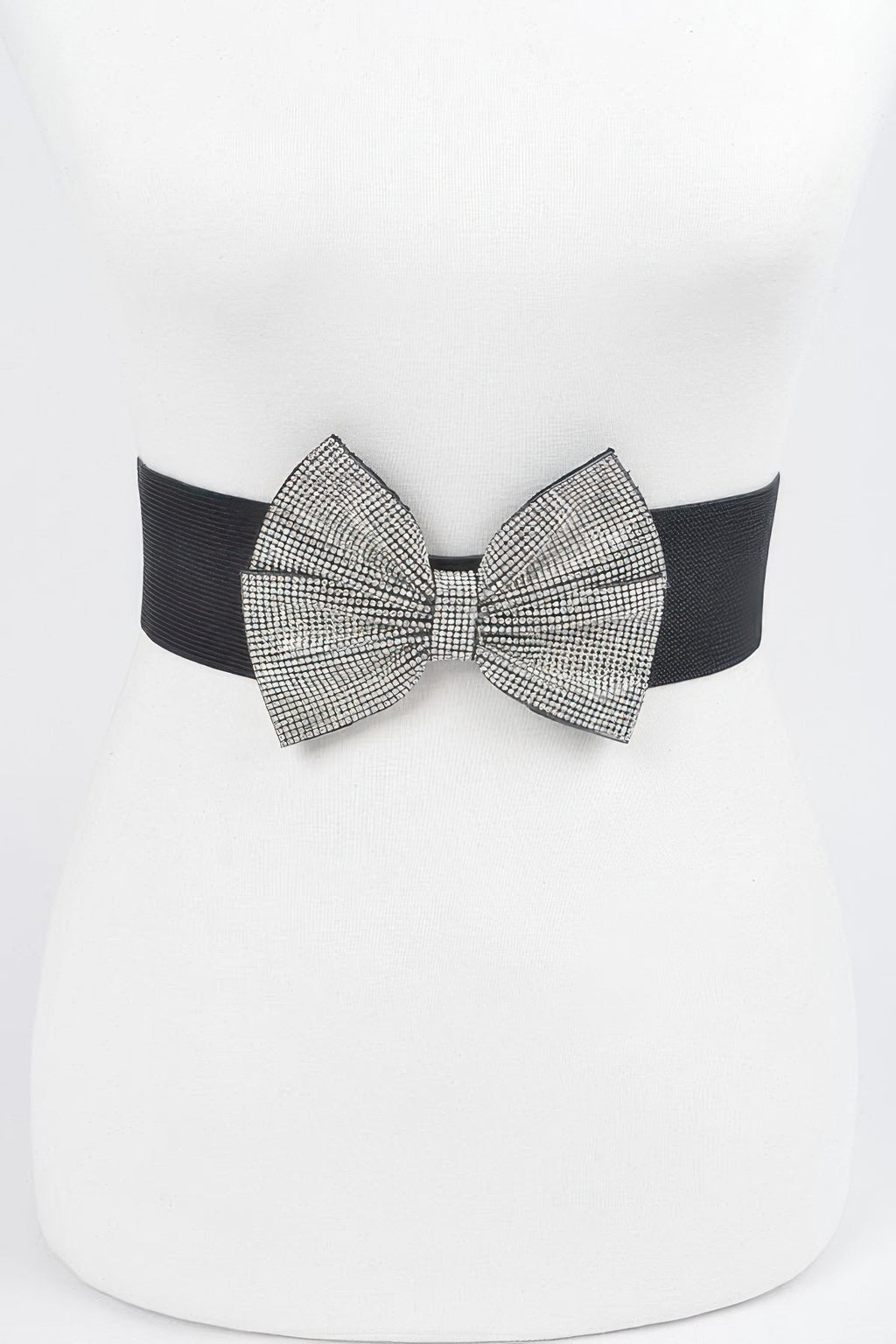Rhinestone ribbon elastic belt with black band and silver rhinestone bow