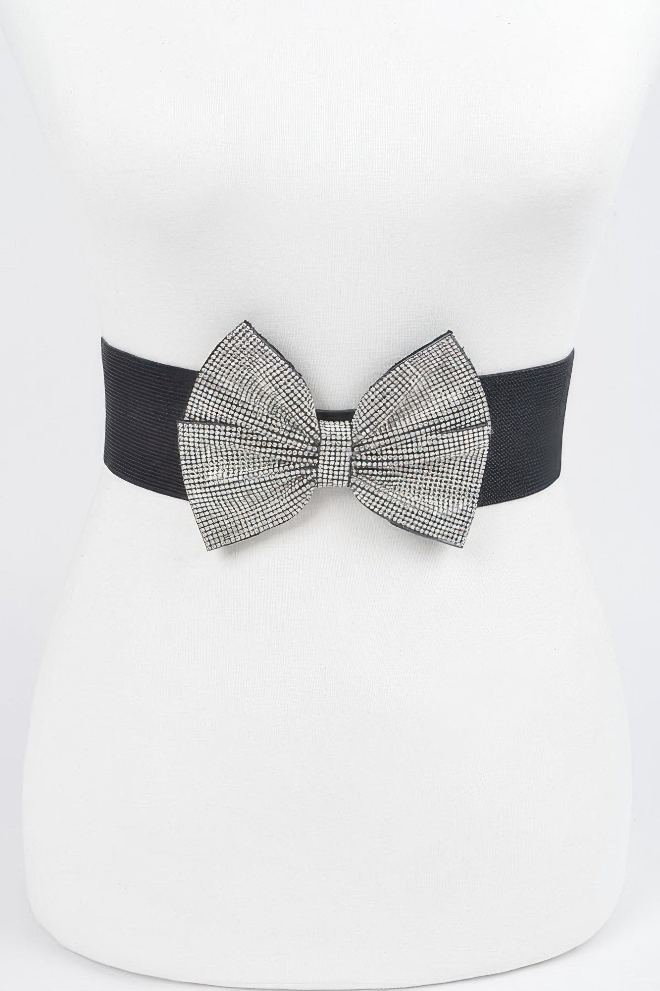 Rhinestone ribbon elastic belt with black band and silver rhinestone bow