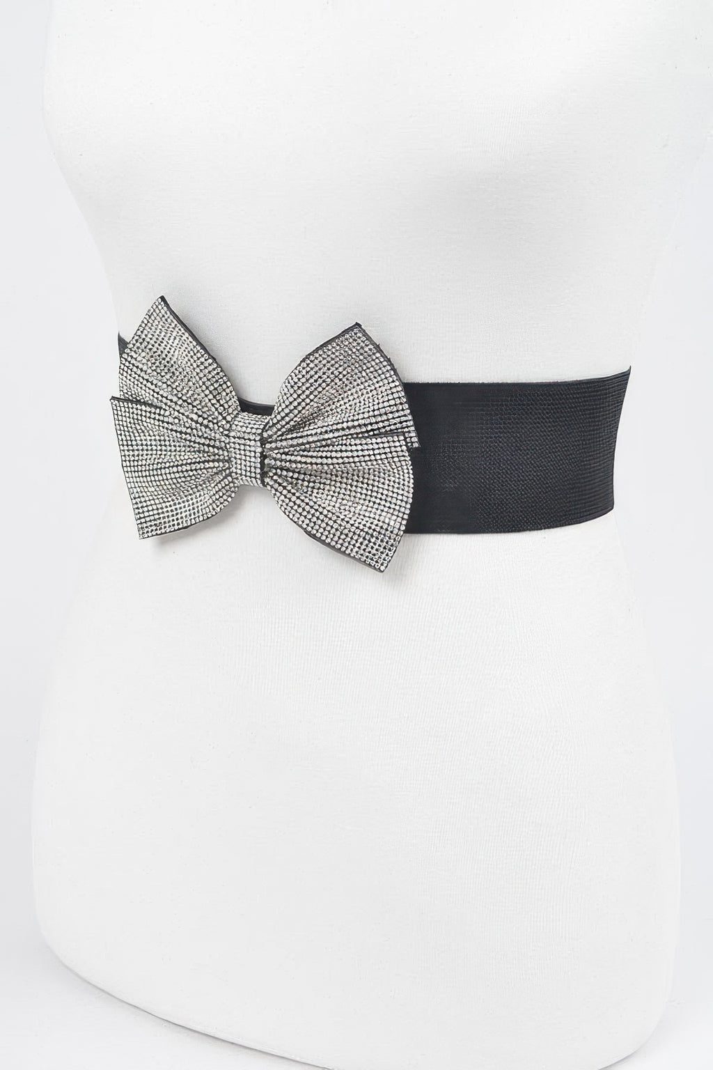 Black elastic belt with rhinestone bow detail, side view