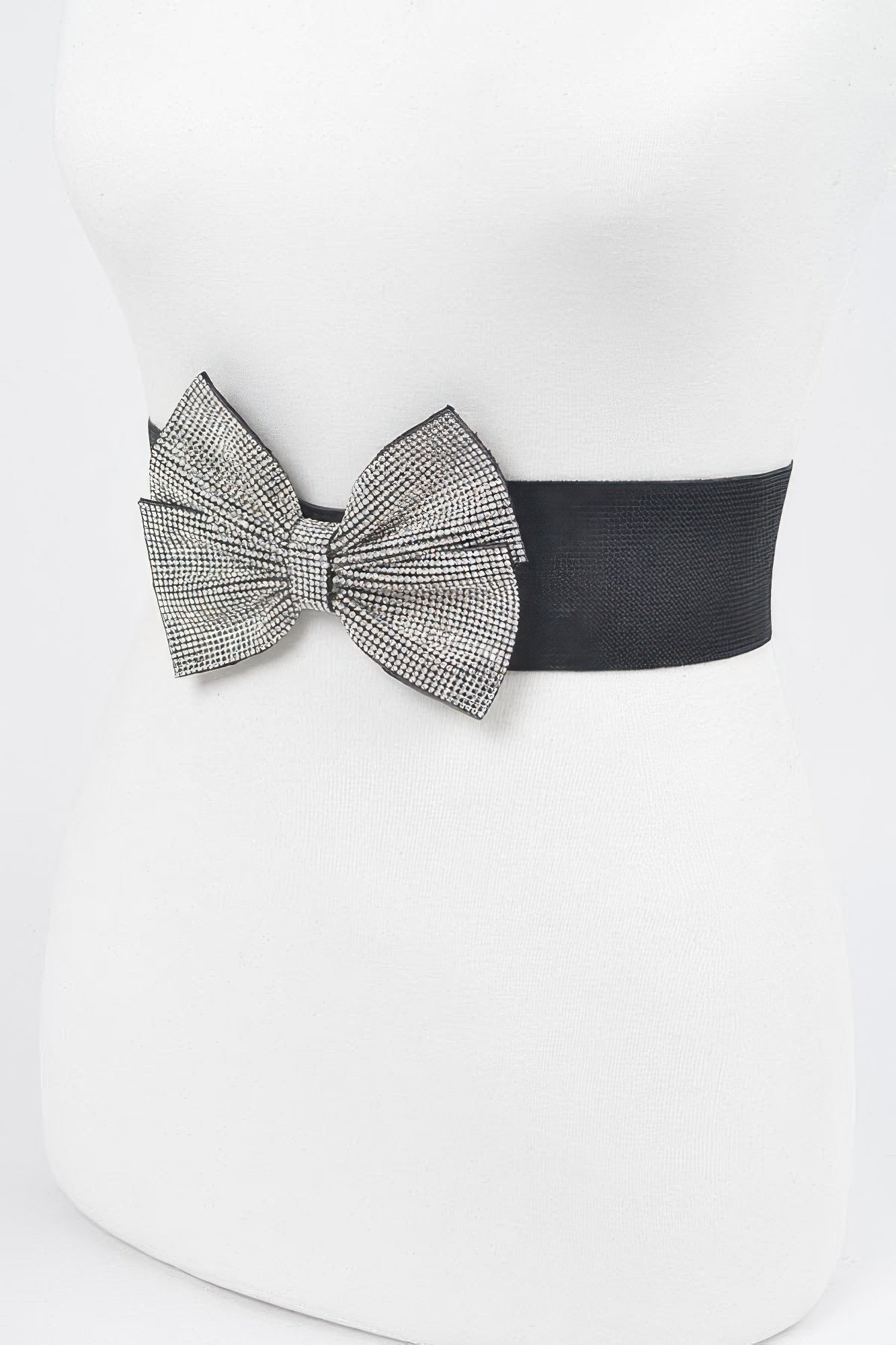 Black elastic belt with rhinestone bow detail, side view