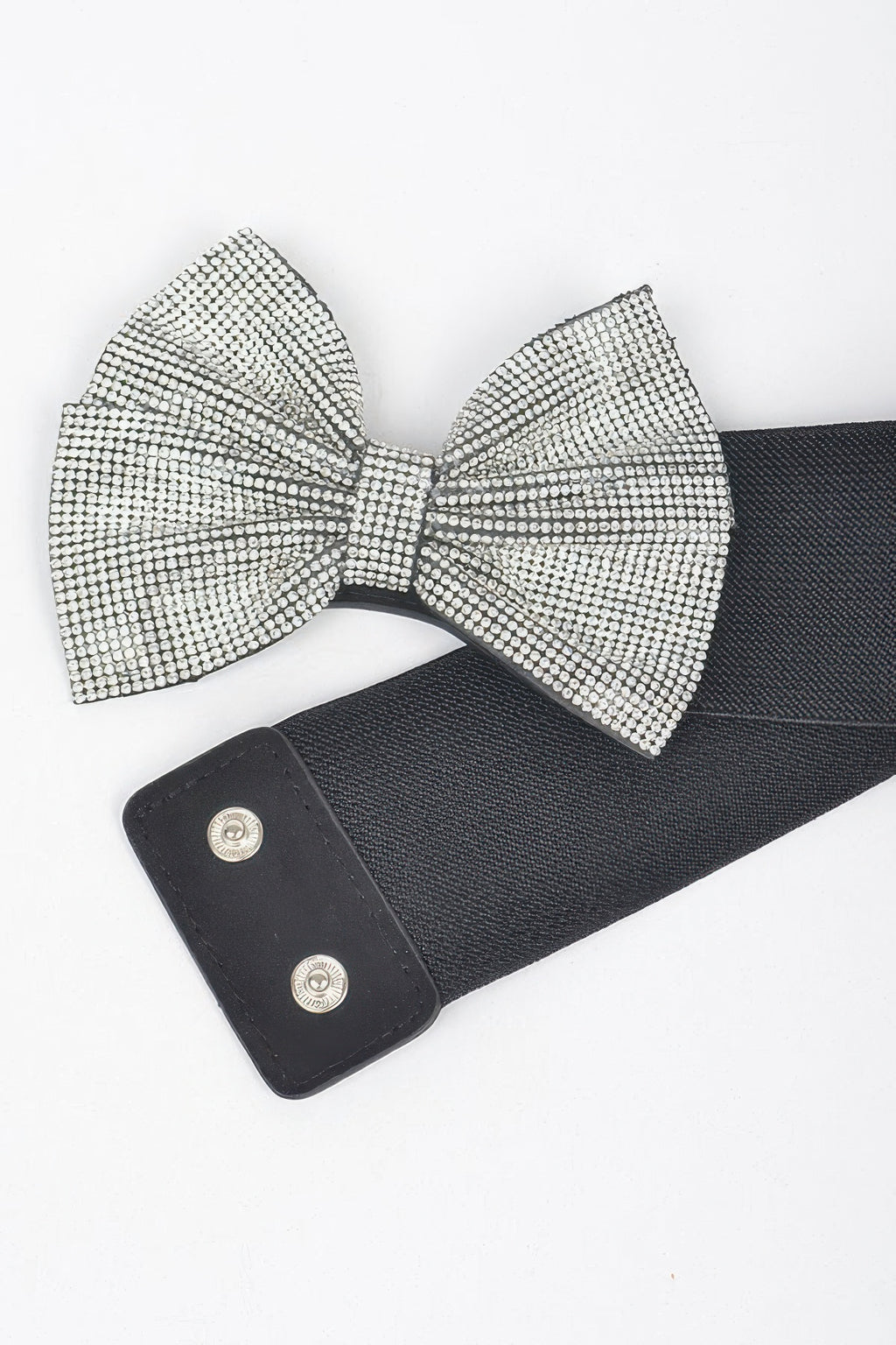 Black elastic belt with silver rhinestone bow and snap closures
