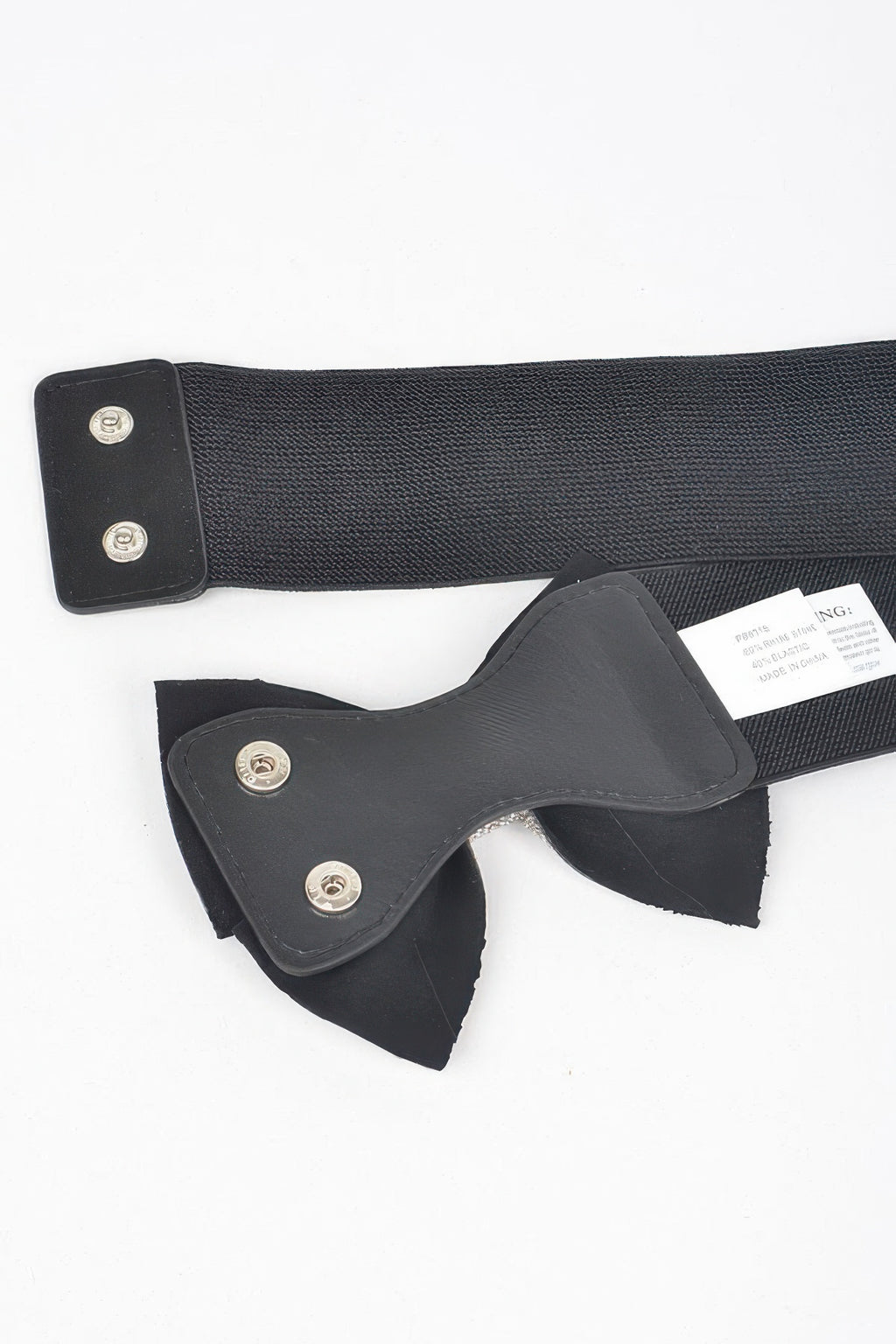 Black elastic belt and rhinestone bow with snap straps