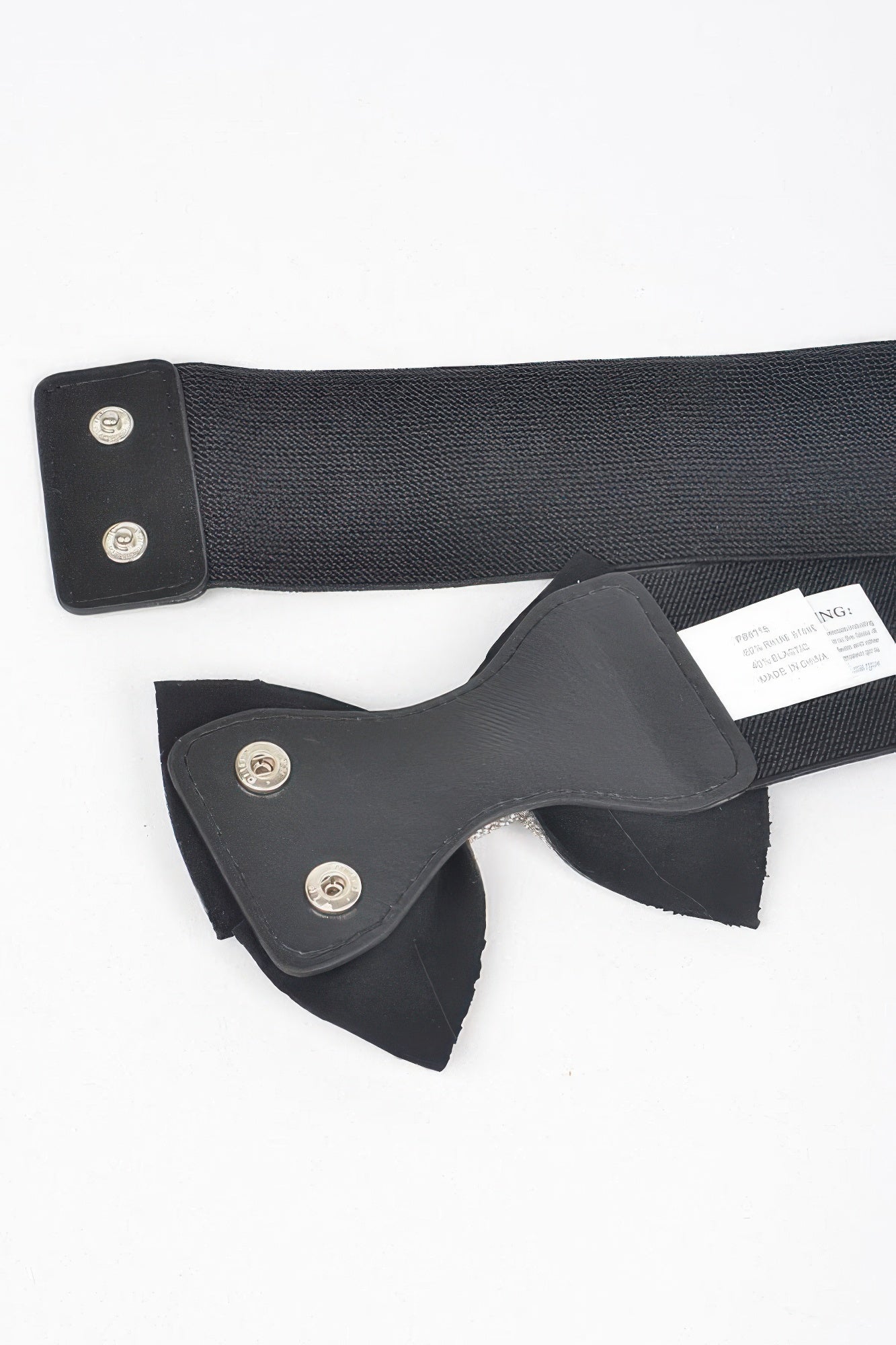 Black elastic belt and rhinestone bow with snap straps