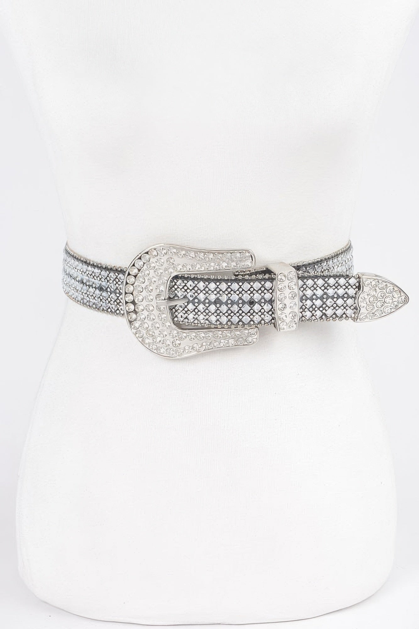 Western rhinestone belt with square buckle, clear stones, silver-tone