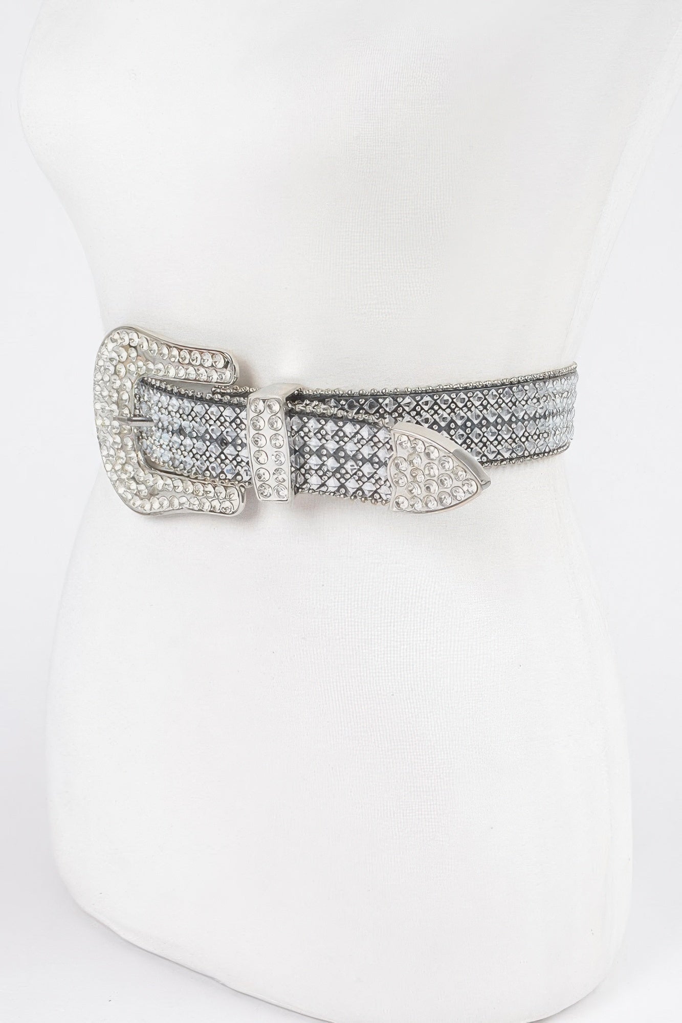 Western rhinestone belt, clear stones, textured strap and rectangular buckle