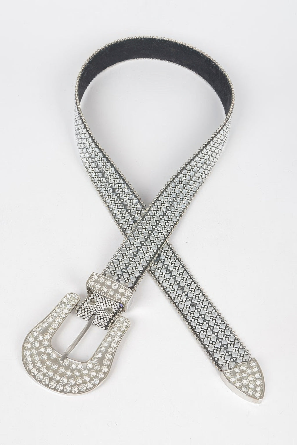 Western rhinestone belt, clear stones, cross-front layout with oval belt buckle
