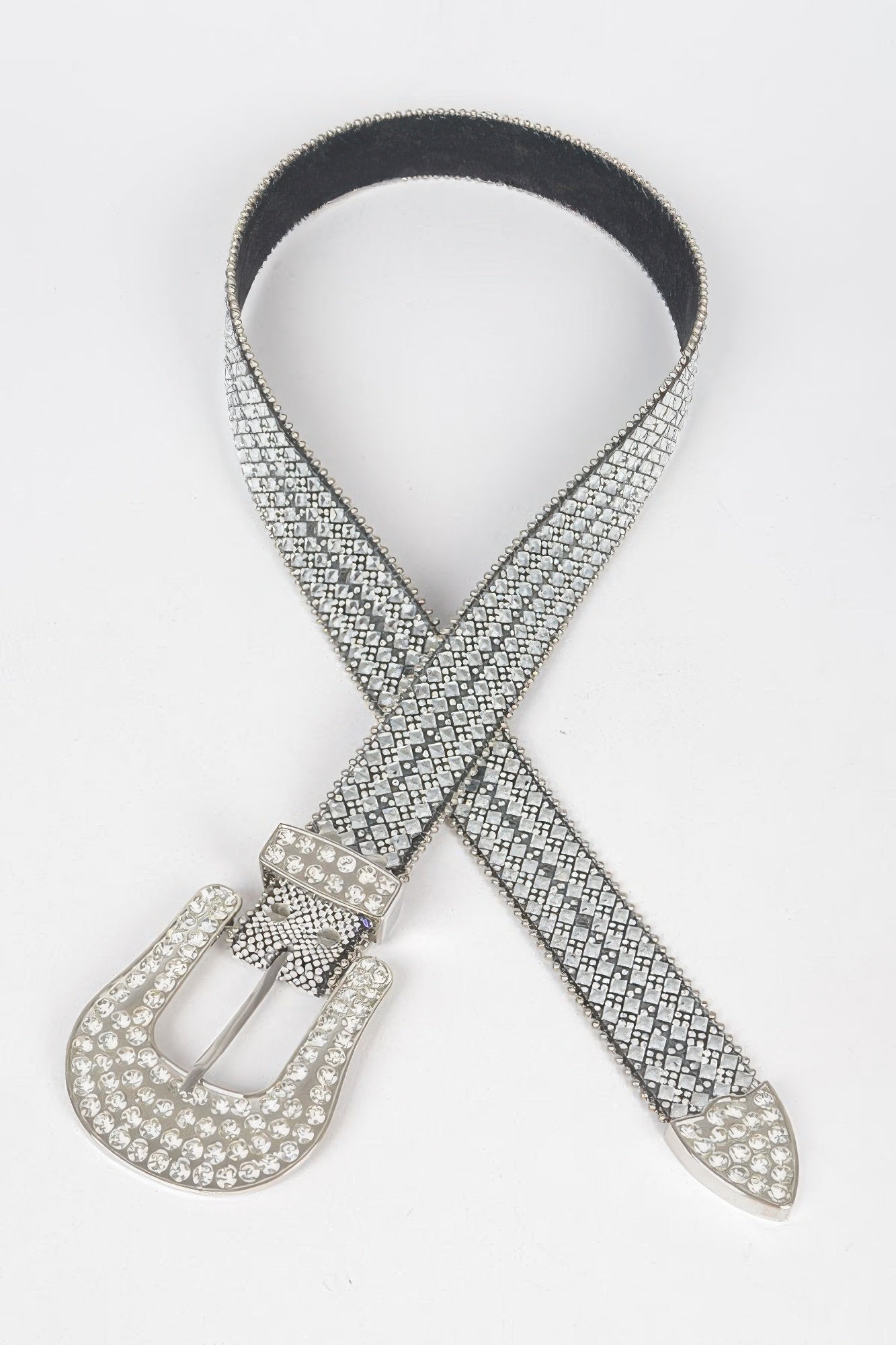 Western rhinestone belt, clear stones, cross-front layout with oval belt buckle
