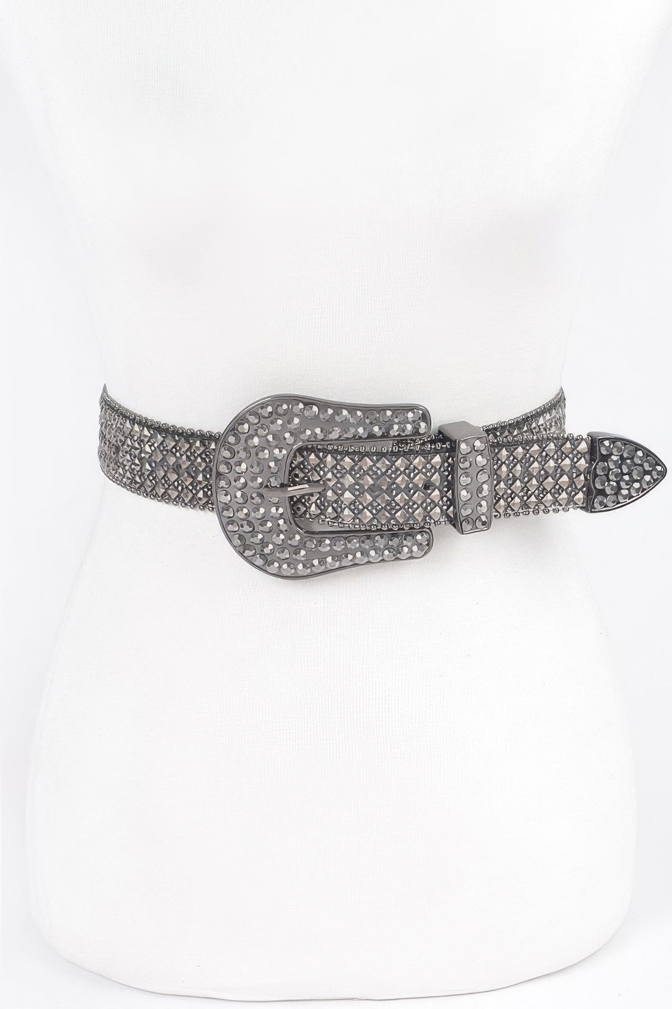 Western rhinestone belt with square buckle, hematite dark stones, gunmetal