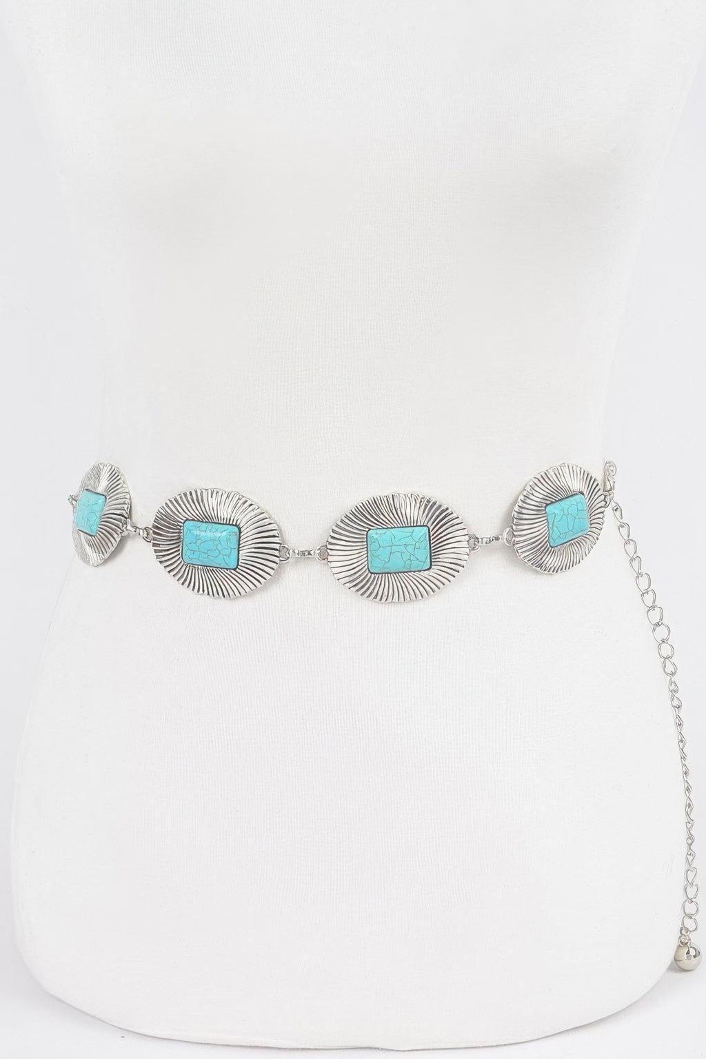Western chain belt in antique silver with turquoise fan conchos and short connector links