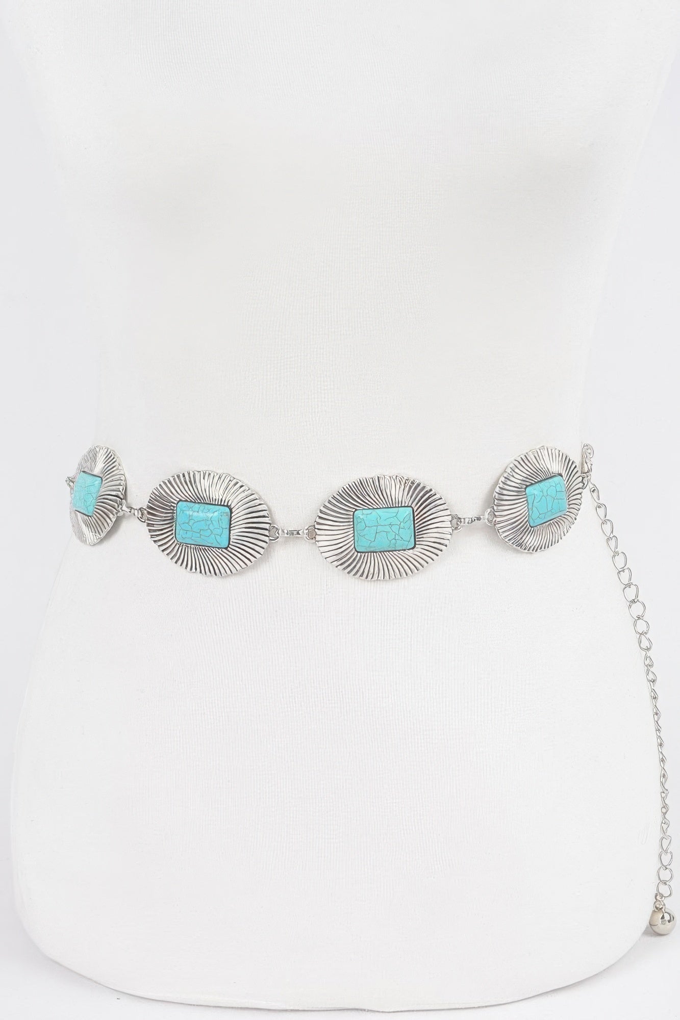 Western chain belt in antique silver with turquoise fan conchos and short connector links