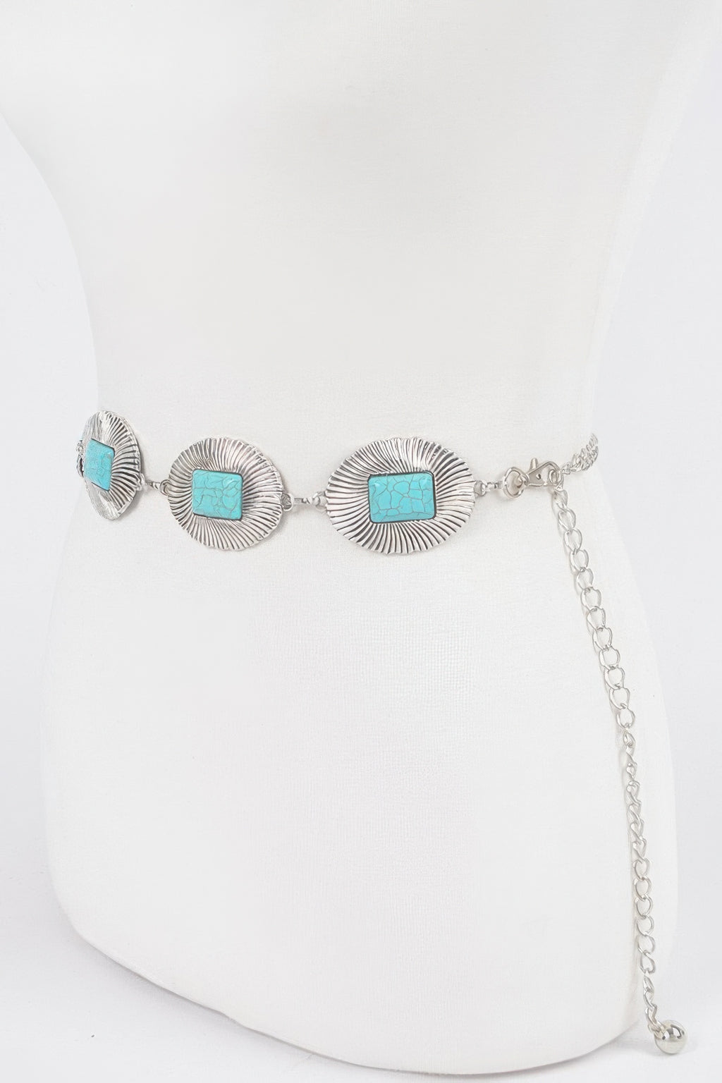 Antique silver western belt with three turquoise conchos and dangling end chain