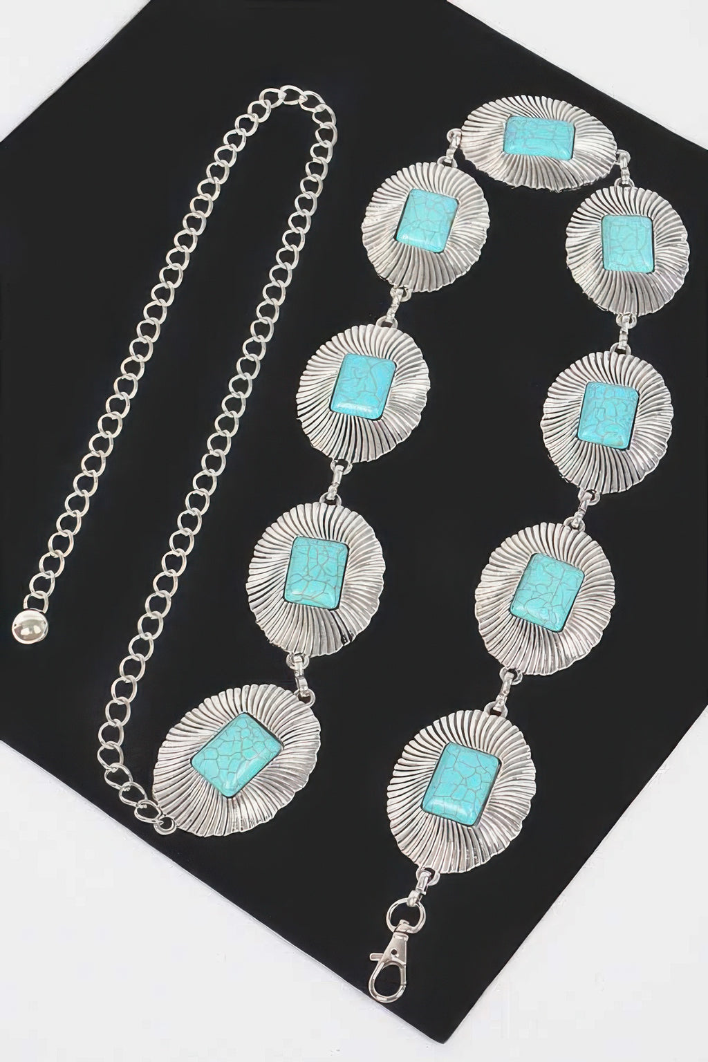 Western metal chain belt with antique silver links, turquoise square stones and concho charms