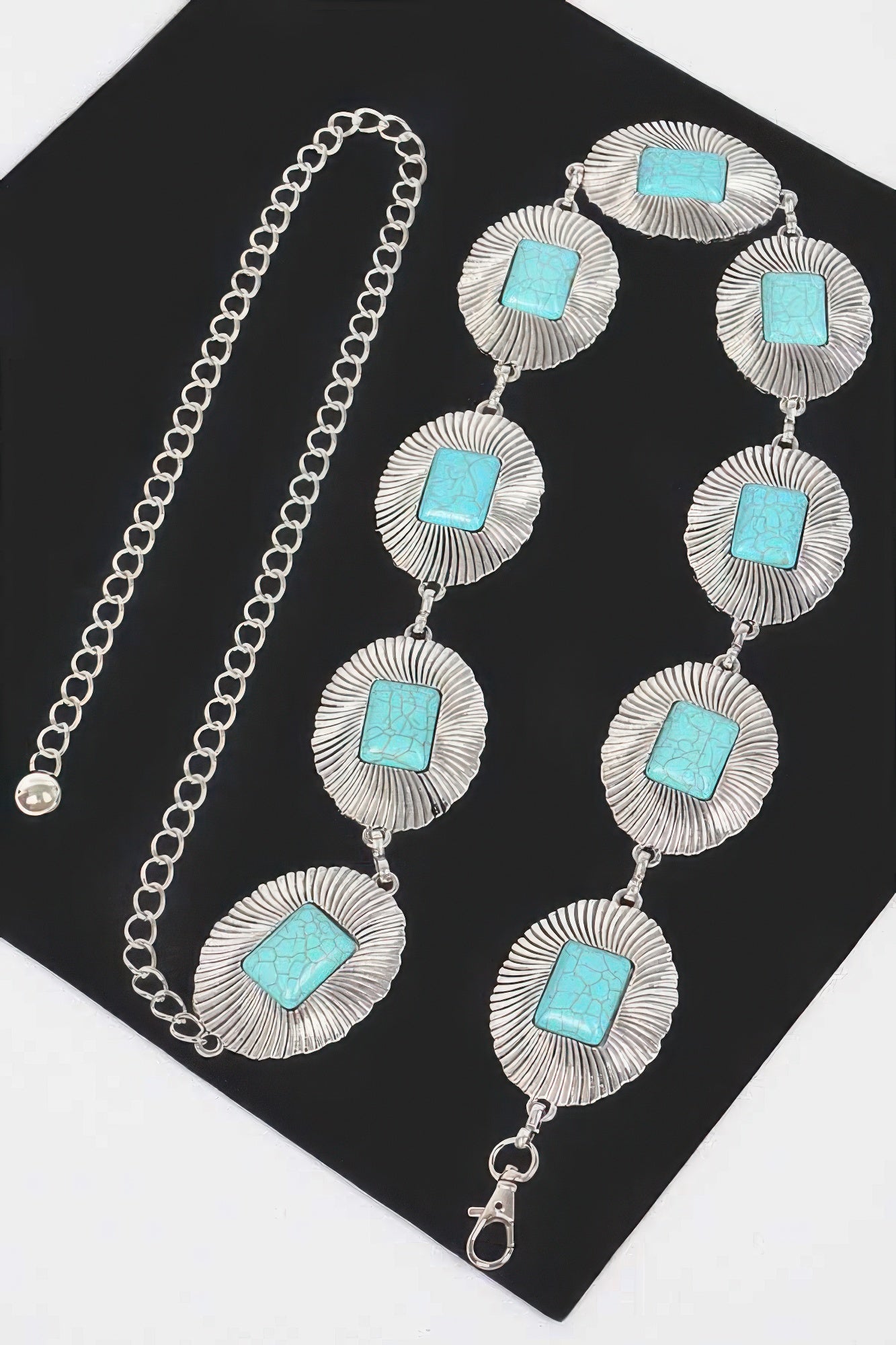 Western metal chain belt with antique silver links, turquoise square stones and concho charms
